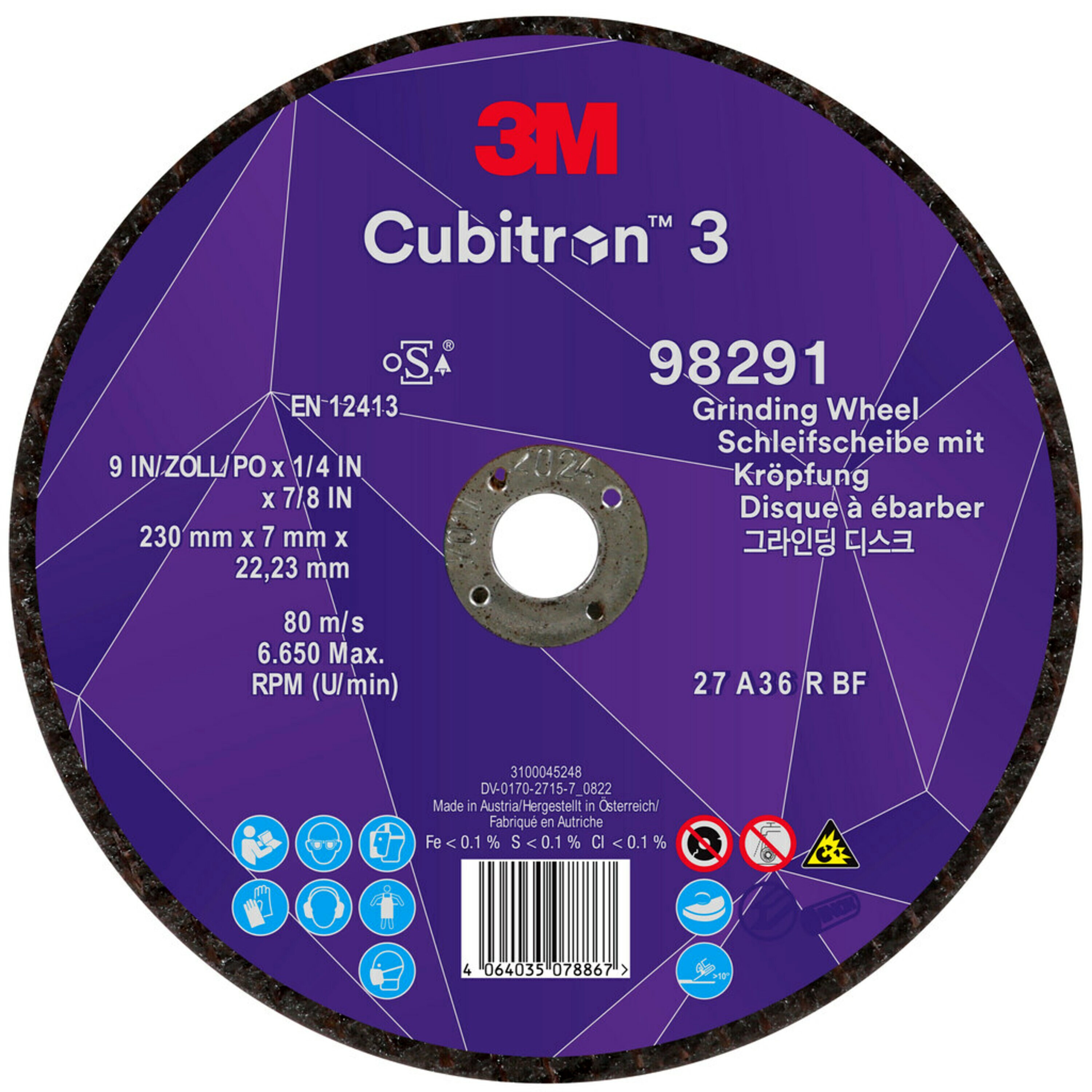 3M Cubitron 3 disco de desbaste, 230 mm, 7.0 mm, 22.23 mm, 36 , tipo 27 # 98291