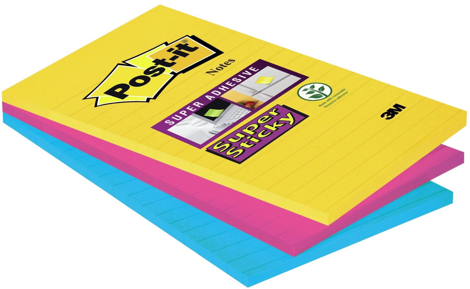 3M Post-it Super Sticky Notes 4690-S3R, 101 mm x 152 mm, ultrablau, ultragelb, ultrapink, 3 Blöcke à 90 Blatt