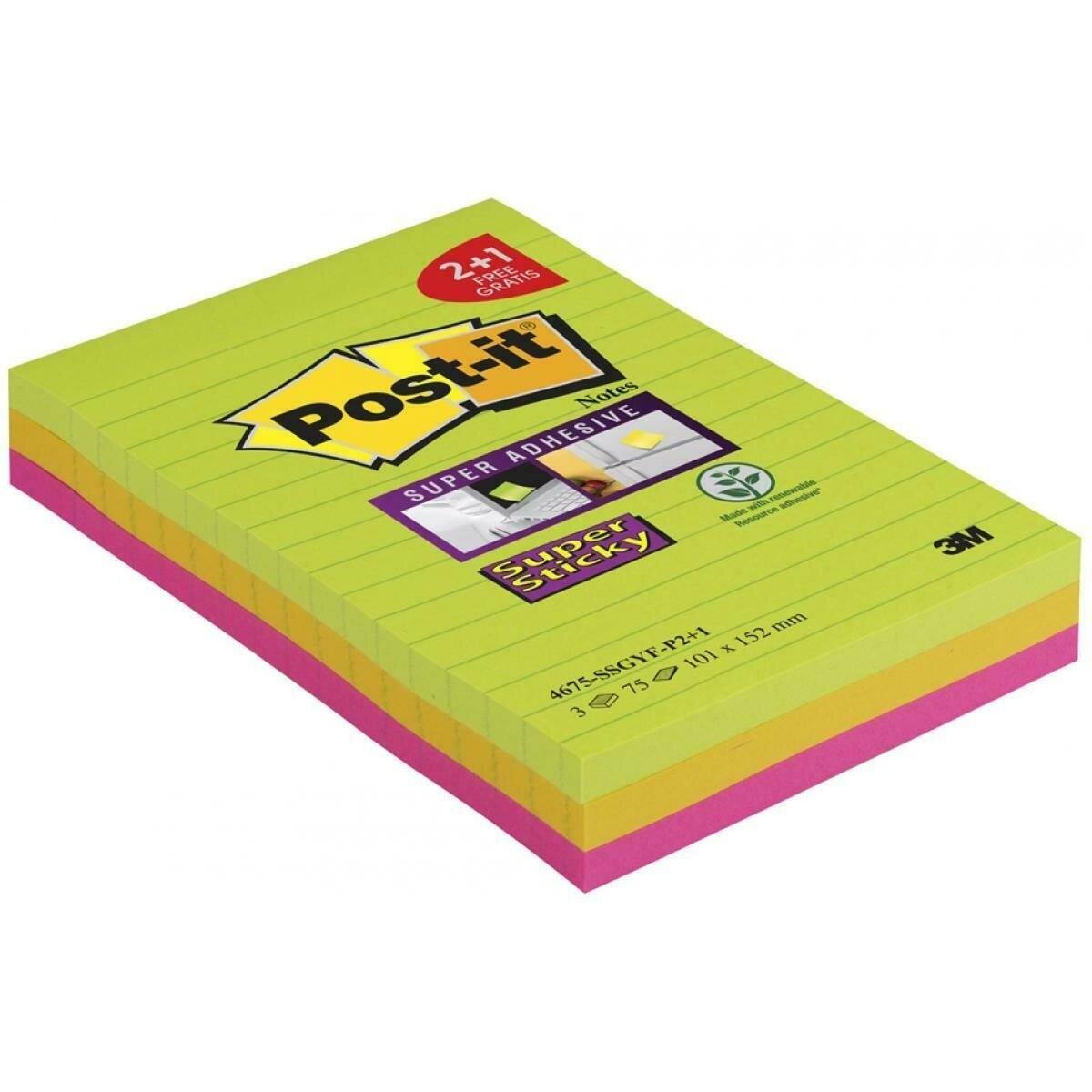3M Post-it Super Sticky Notes Promotion 4675-SSGYF-P2+1 3 Blöcke á 75 Blatt zum Vorteilspreis, neongrün, ultragelb, -pink, 101  mm x 152 mm, liniert, PEFC zertifiziert