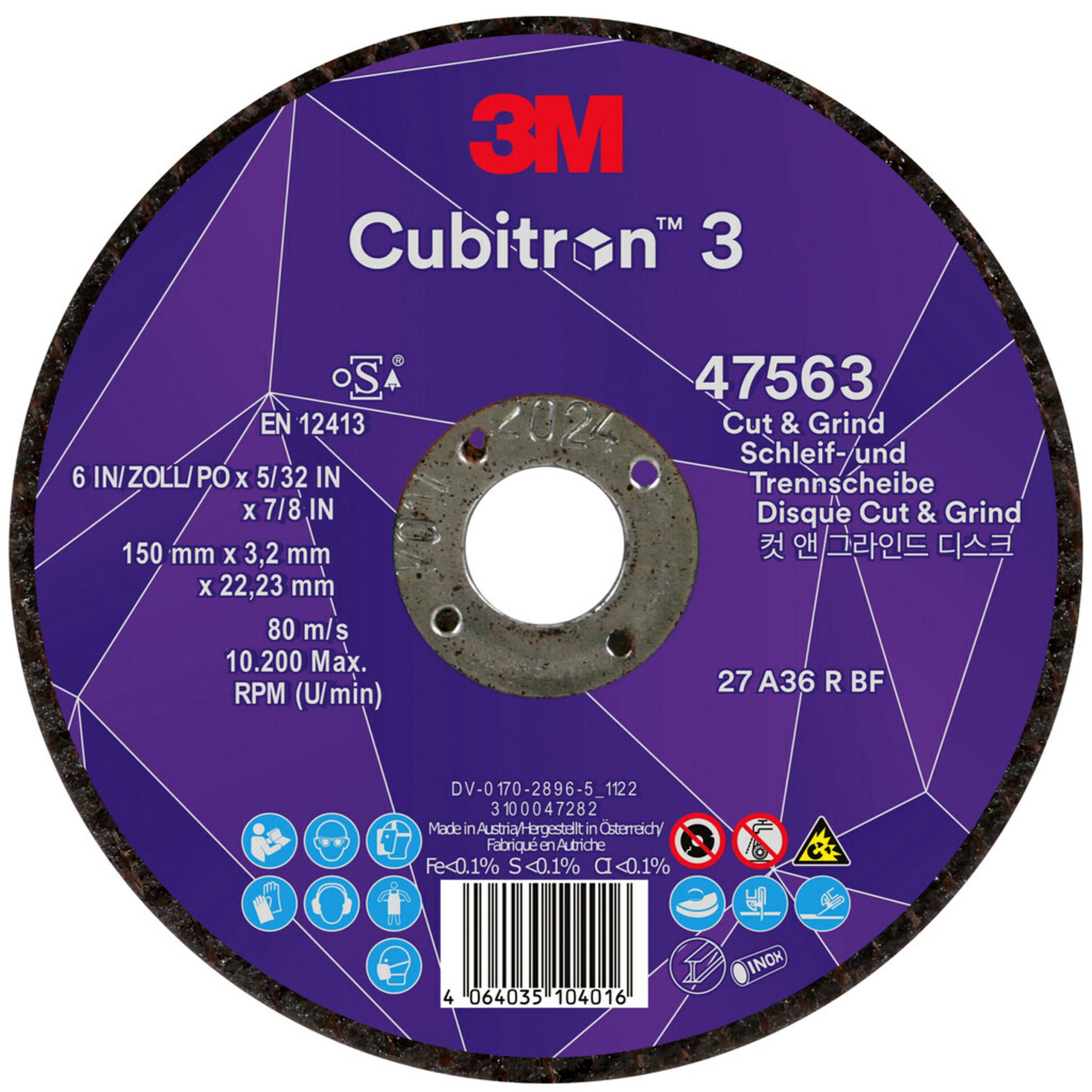 3M Cubitron 3 Cut & Grind Schruppscheibe, 150 mm, 3,2 mm, 22,23 mm, 36+, Typ 27 #47563