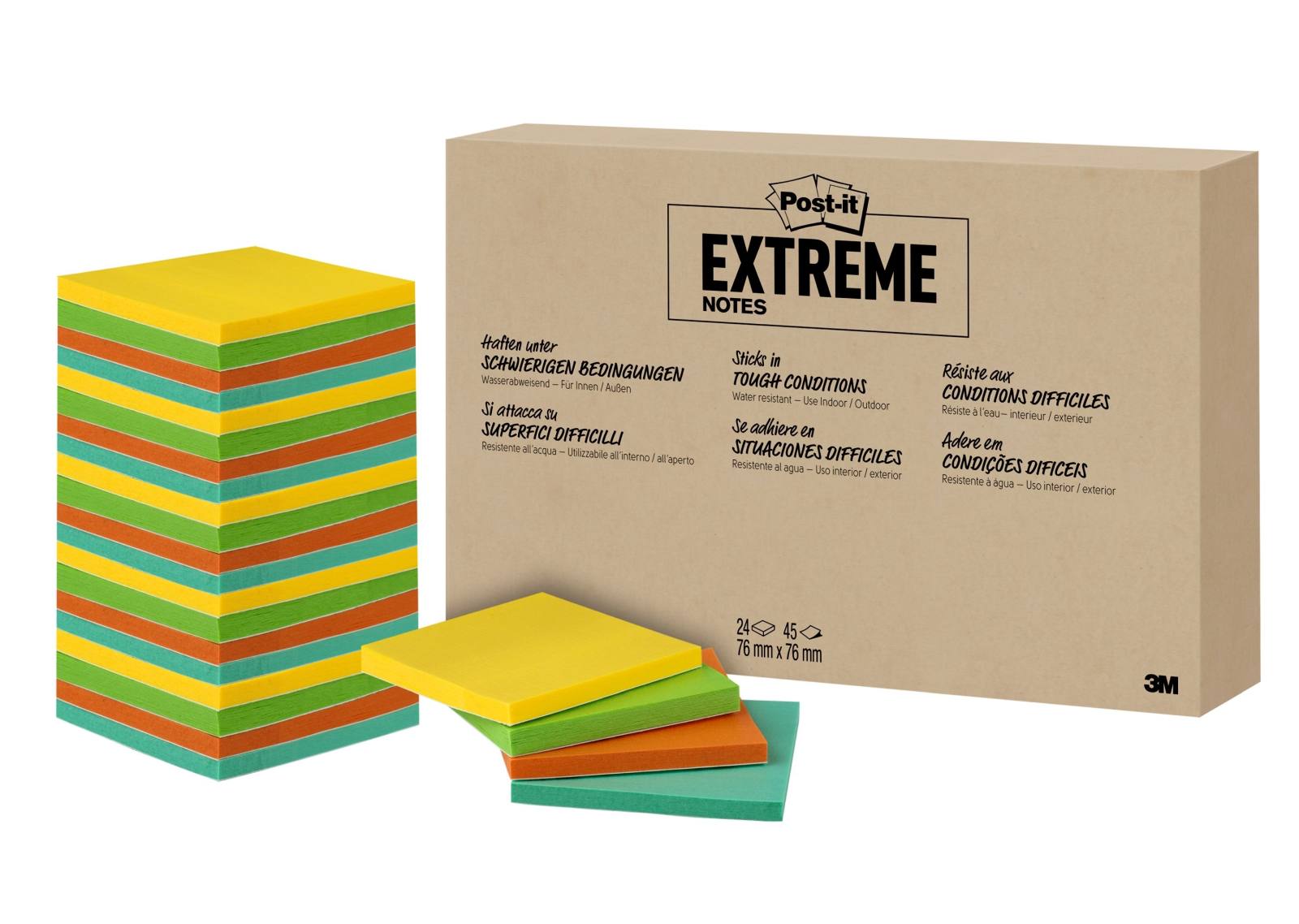 3M Post-it Extreme Notes, 76 x 76 mm, 24er Karton, grün, gelb, orange, türkis