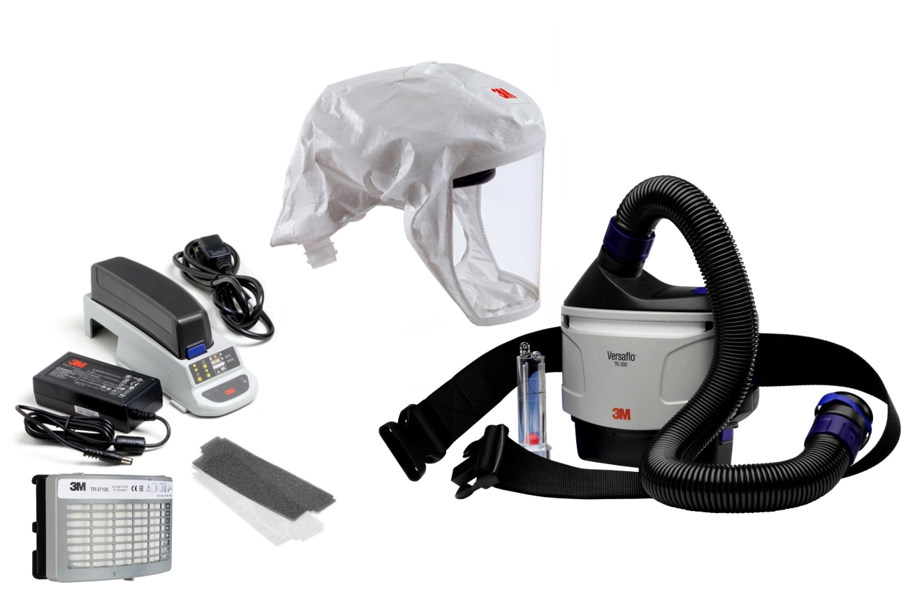 3M TR-315E+ Versaflo starter pack incl. TR-302E, accessories and 3M Versaflo Disposable lightweight bonnet S133S, with integrated head support, white, universal textile material, size S/M - Material: Web 24
