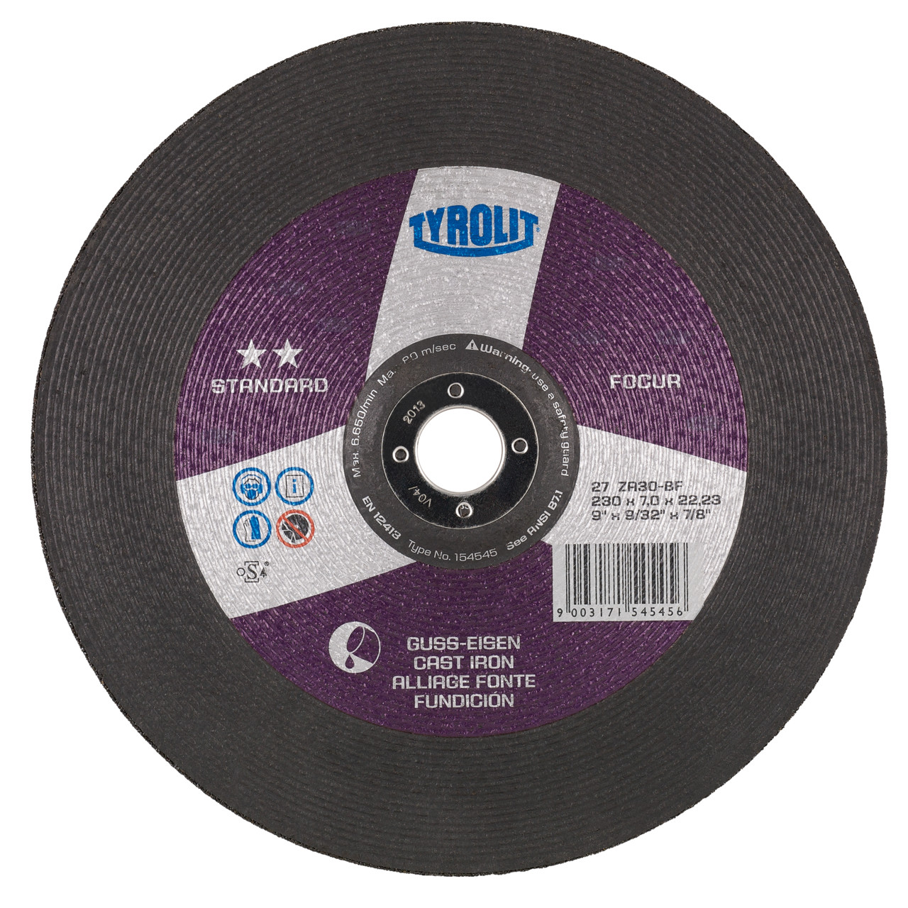 TYROLIT disco de desbaste DxUxH 230x7x22,2 FOCUR para fundición gris, forma: 27 - versión offset, Art. 154545