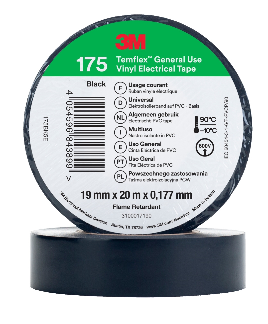 3M Temflex 175 vinyl electrical insulation tape, black, 19 mm x 20 m, 0.18 mm