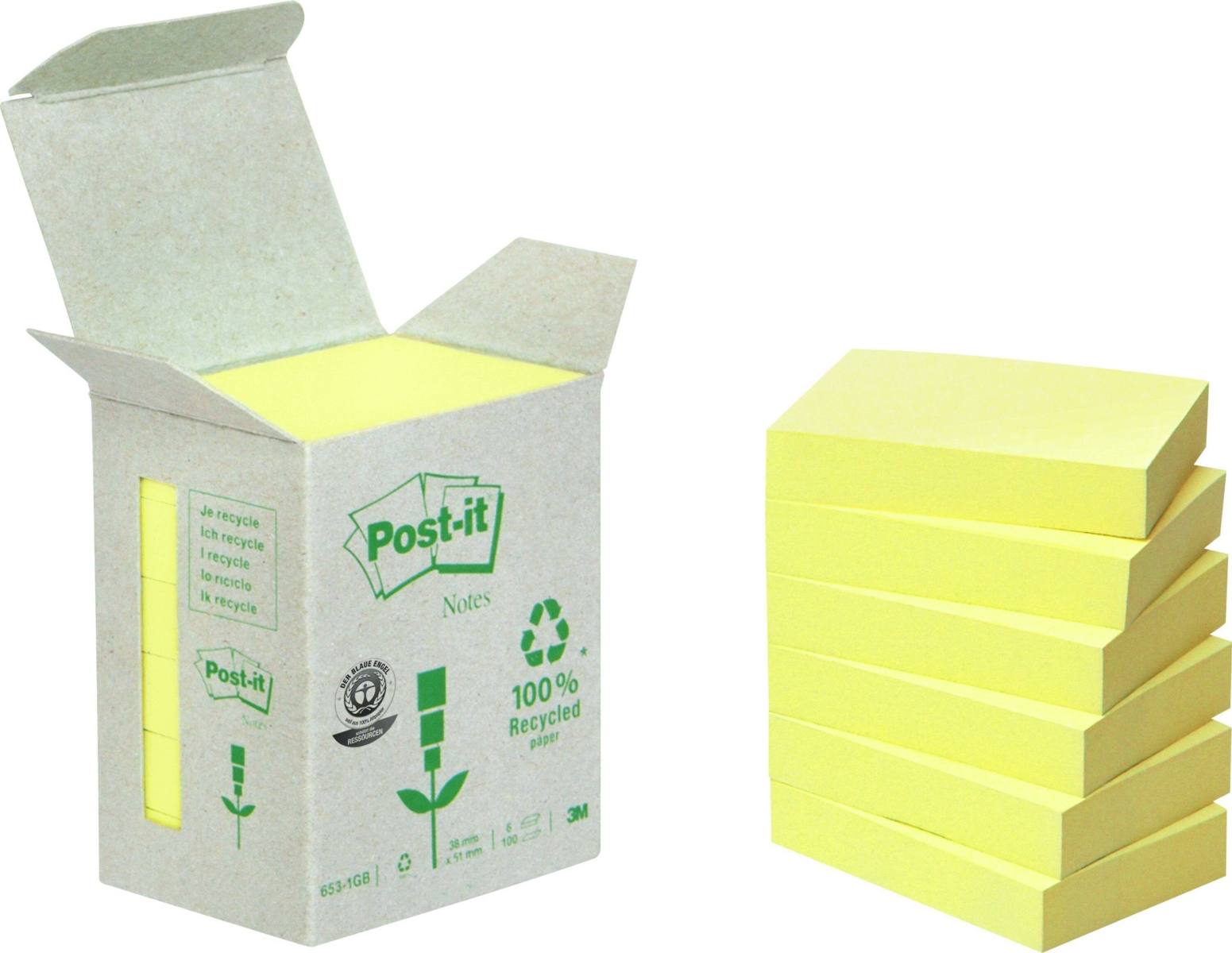 3M Post-it Recycling Notes 6531B, 51 mm x 38 mm, geel, 6 blokken van elk 100 vellen