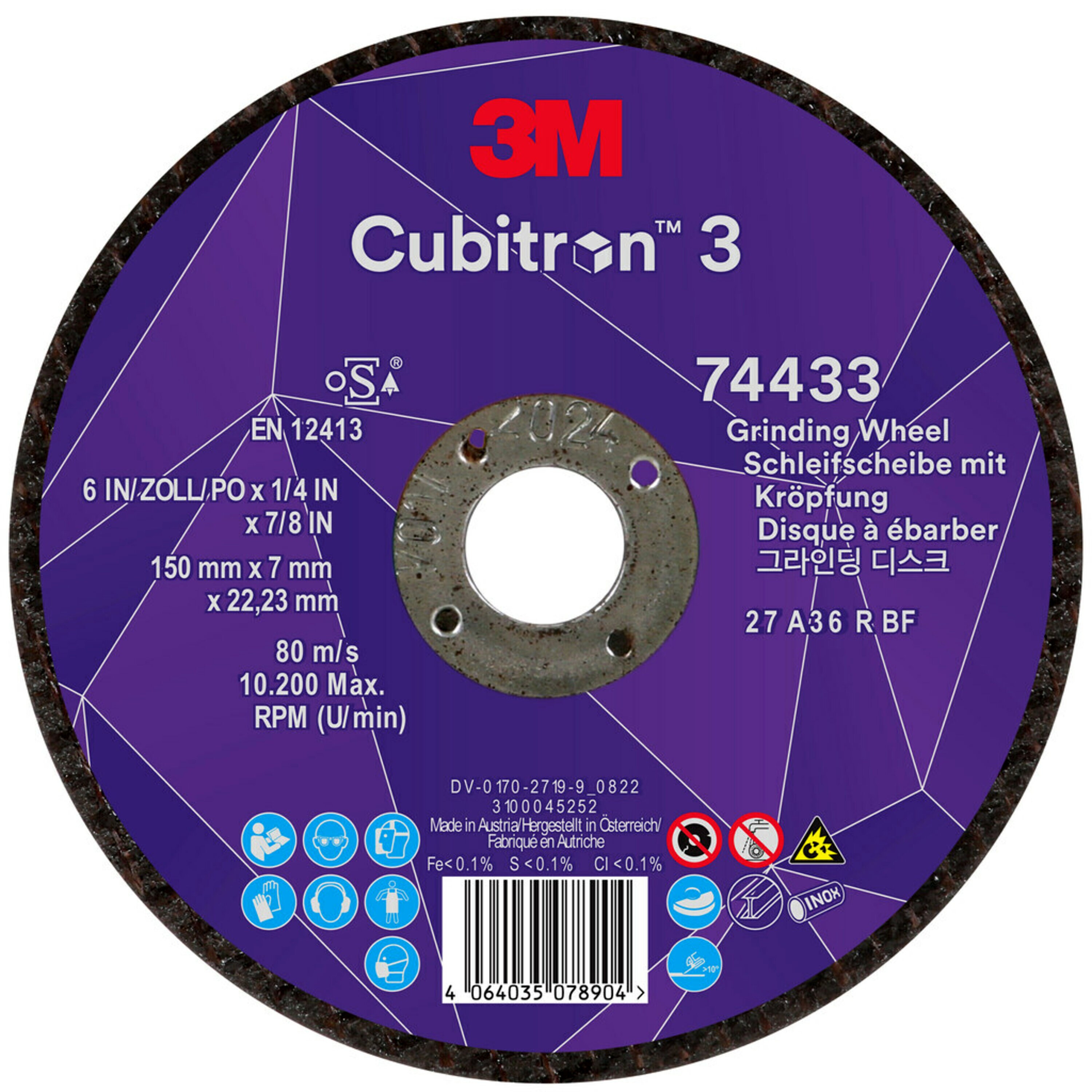 3M Cubitron 3 -hiomakiekko, 150 mm, 7,0 mm, 22,23 mm, 36+, tyyppi 27, erityisesti hiontaan # 74433