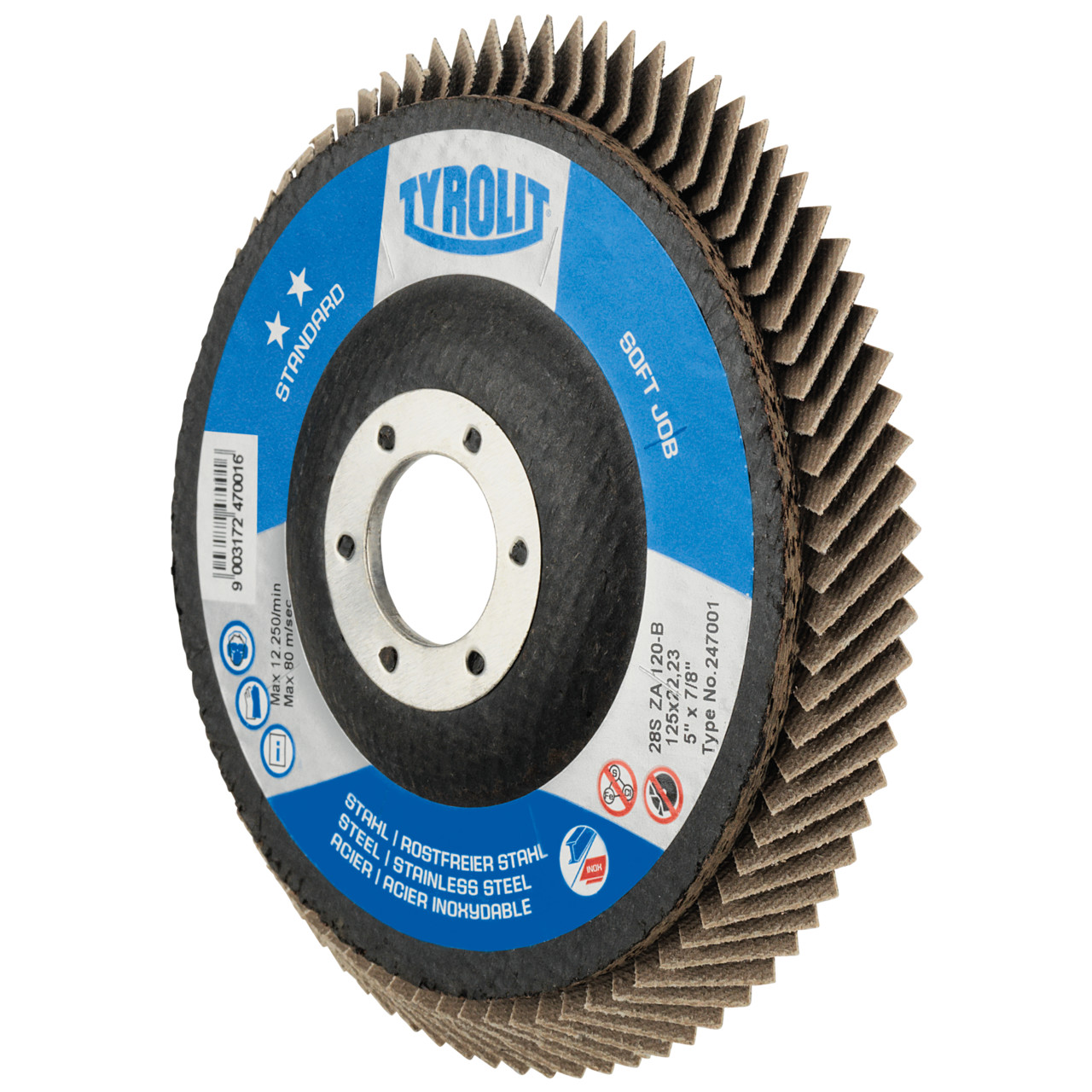 Tyrolit SOFTJOB DxH 115x22.23 2in1 for steel and stainless steel, P40, shape: 28S - straight version (SOFTJOB flap disc), Art. 246987