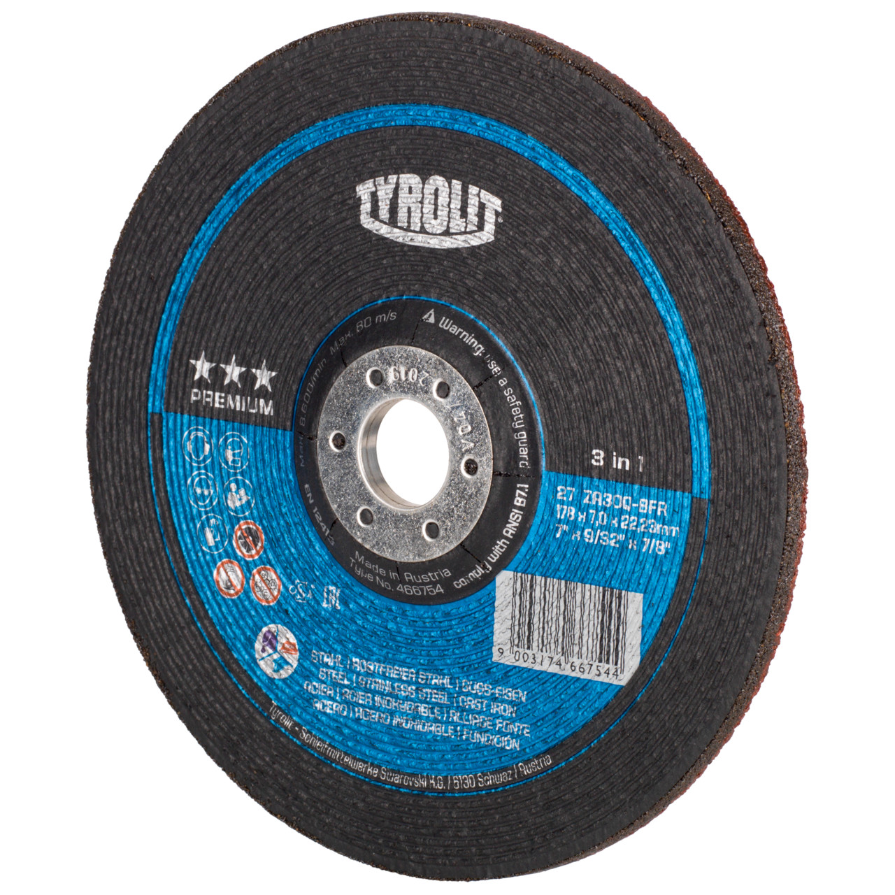TYROLIT grinding wheel DxUxH 125x7x22.23 3in1 for steel and stainless steel and cast iron, shape: 27 - offset version, Art. 466749