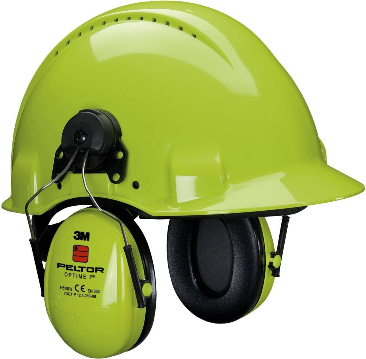 3M PELTOR Optime I earmuffs, helmet attachment Hi-Viz, with helmet adapter P3E (for all 3M helmets, except G2000), SNR=26 dB, H510P3EV