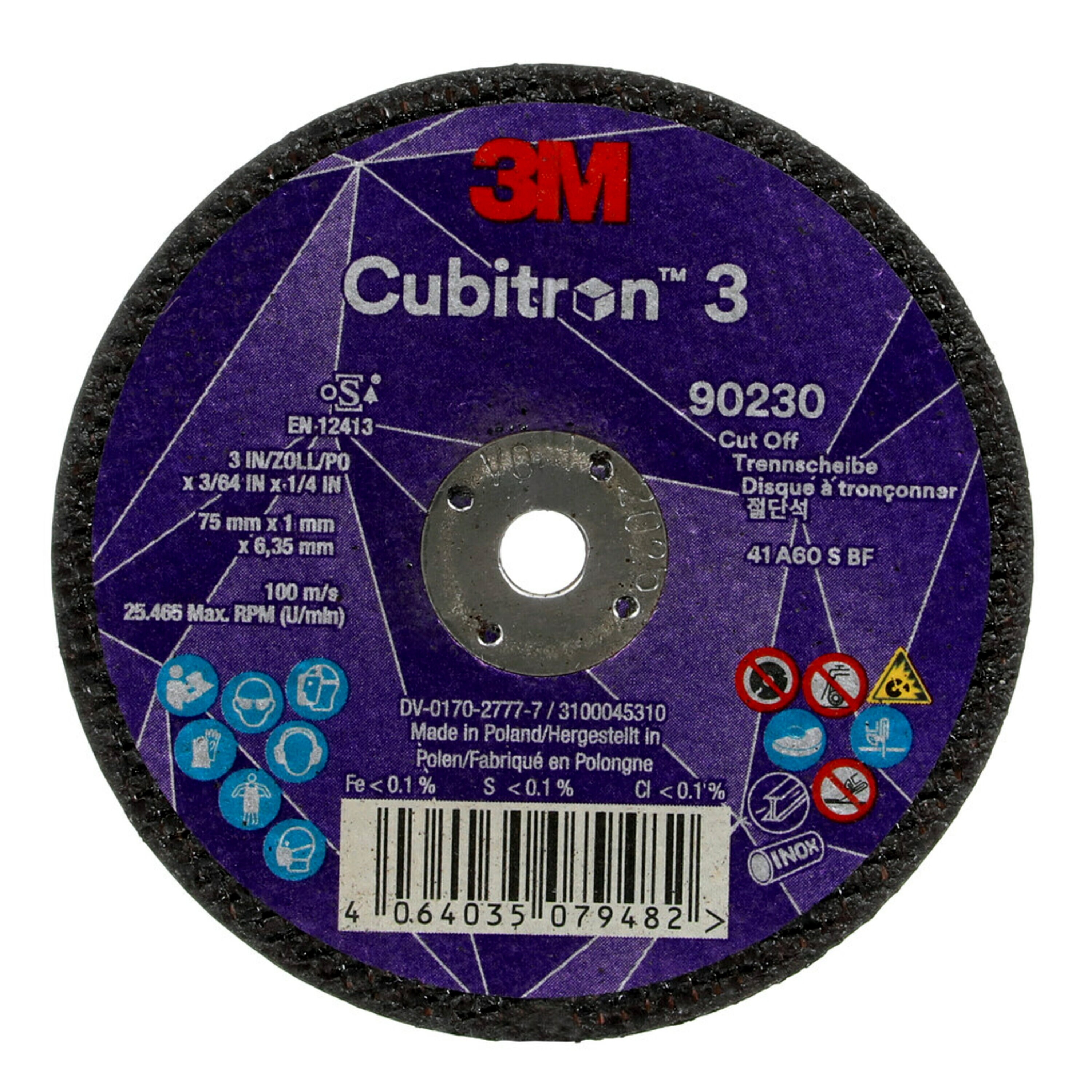 3M Cubitron 3 cut-off wheel, 75 mm, 1 mm, 6.35 mm, 60+, type 41 #90230