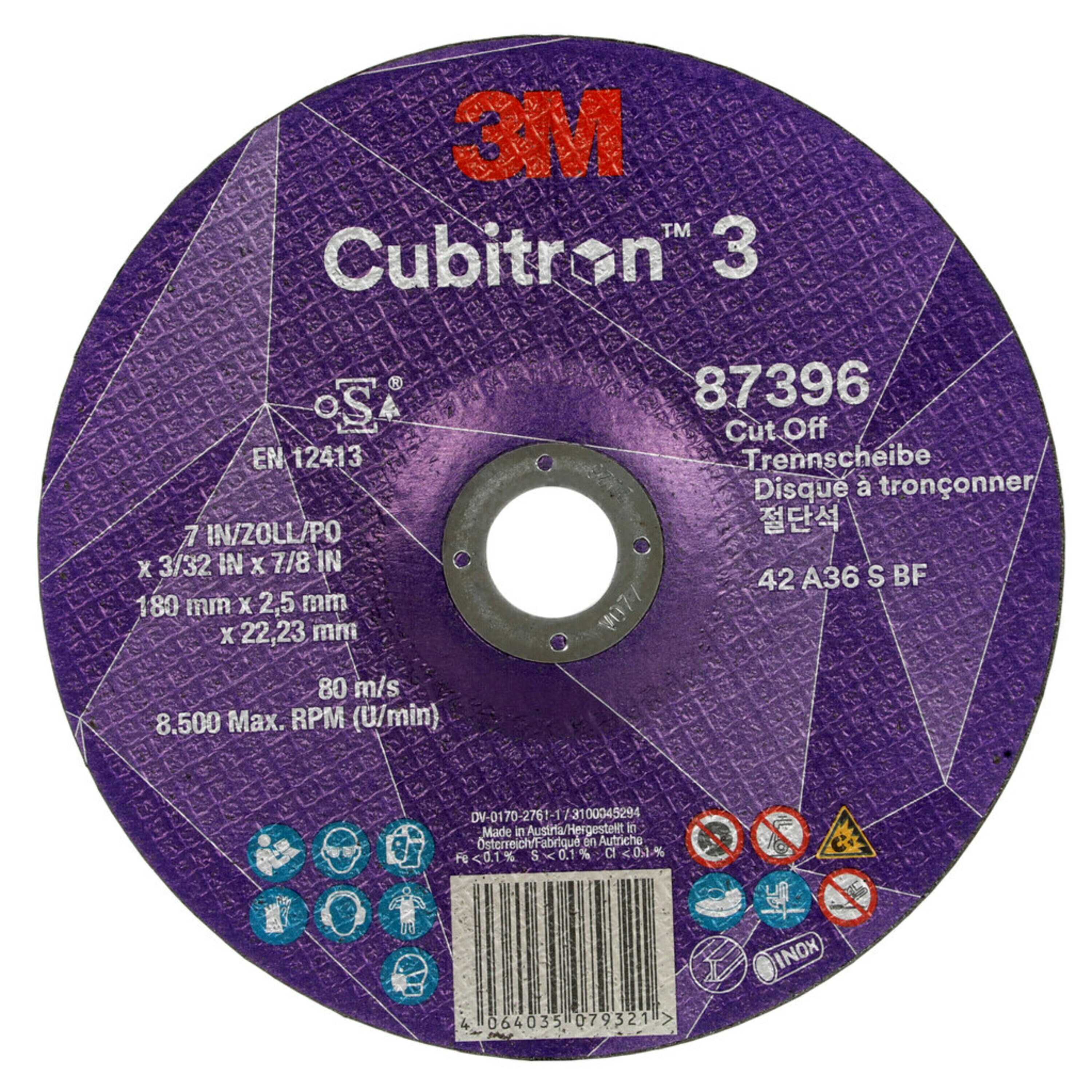 3M Cubitron 3 disque à tronçonner, 180 mm, 2,5 mm, 22,23 mm, 36 , type 42 #87396