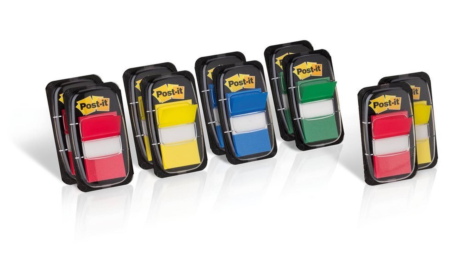 3M Post-it Index 680P10+2, 25,4 mm x 43,2 mm, blauw, geel, groen, rood, 10 x 50 plakstrips in dispenser