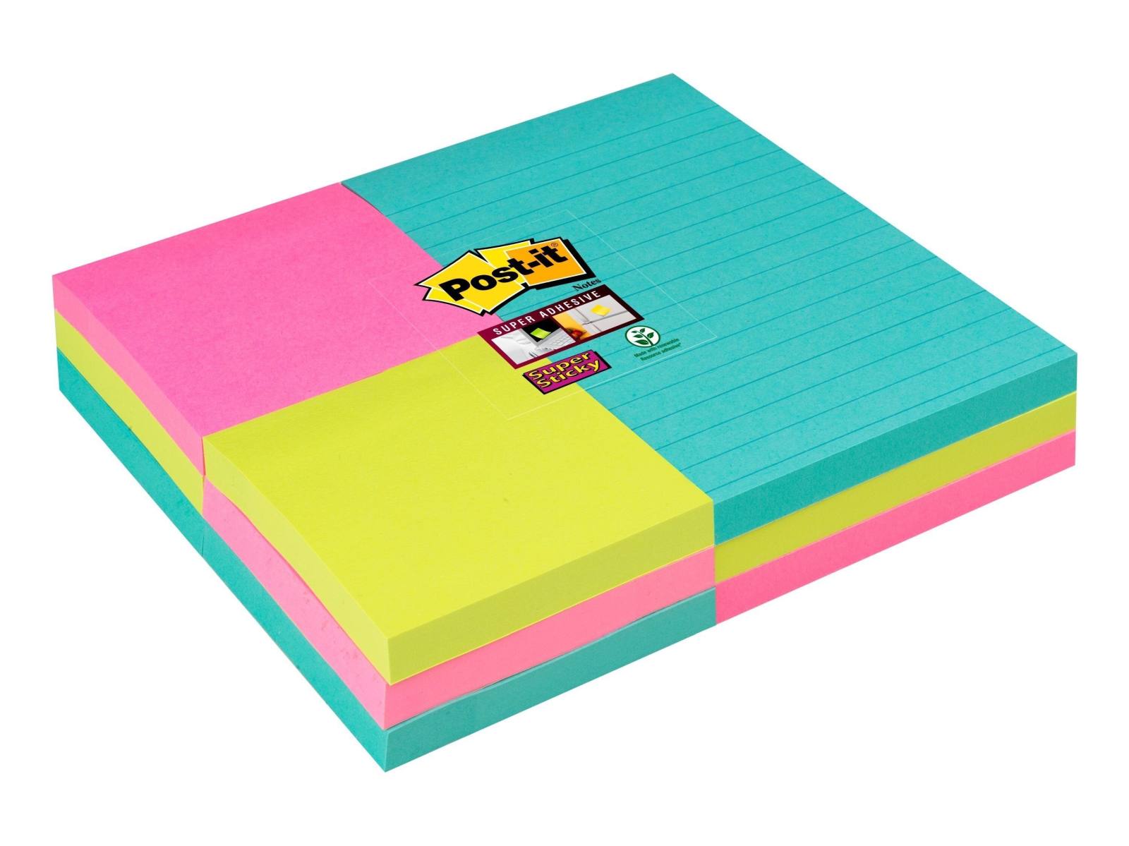 3M Post-it Super Sticky Notes 4633-SS9MIA-EU 9 pads of 90 sheets each, turquoise, neon green, neon pink, 6 pads 76 mm x 76 mm, plain &amp; 3 pads 101 mm x 152 mm, lined, PEFC certified