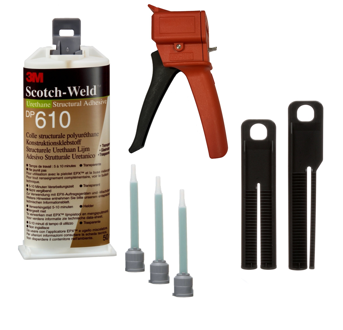 Starter set: 1x 3M Scotch-Weld 2-component construction adhesive EPX DP610, transparent, 48.5 ml, 1x S-K-S hand tool for EPX 38 to 50 ml cartridges incl. feed piston 2:1