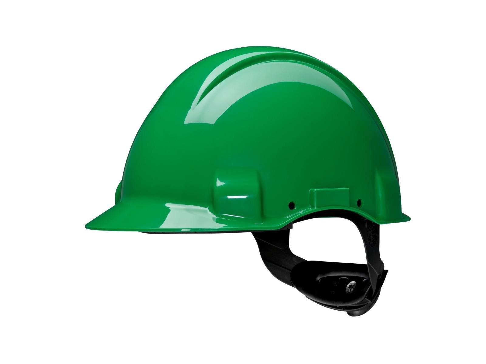 3M Safety helmet, Uvicator, pinlock fastener, non-ventilated, dielectric 440 V, plastic welding tape, green, G3001CUV-GP