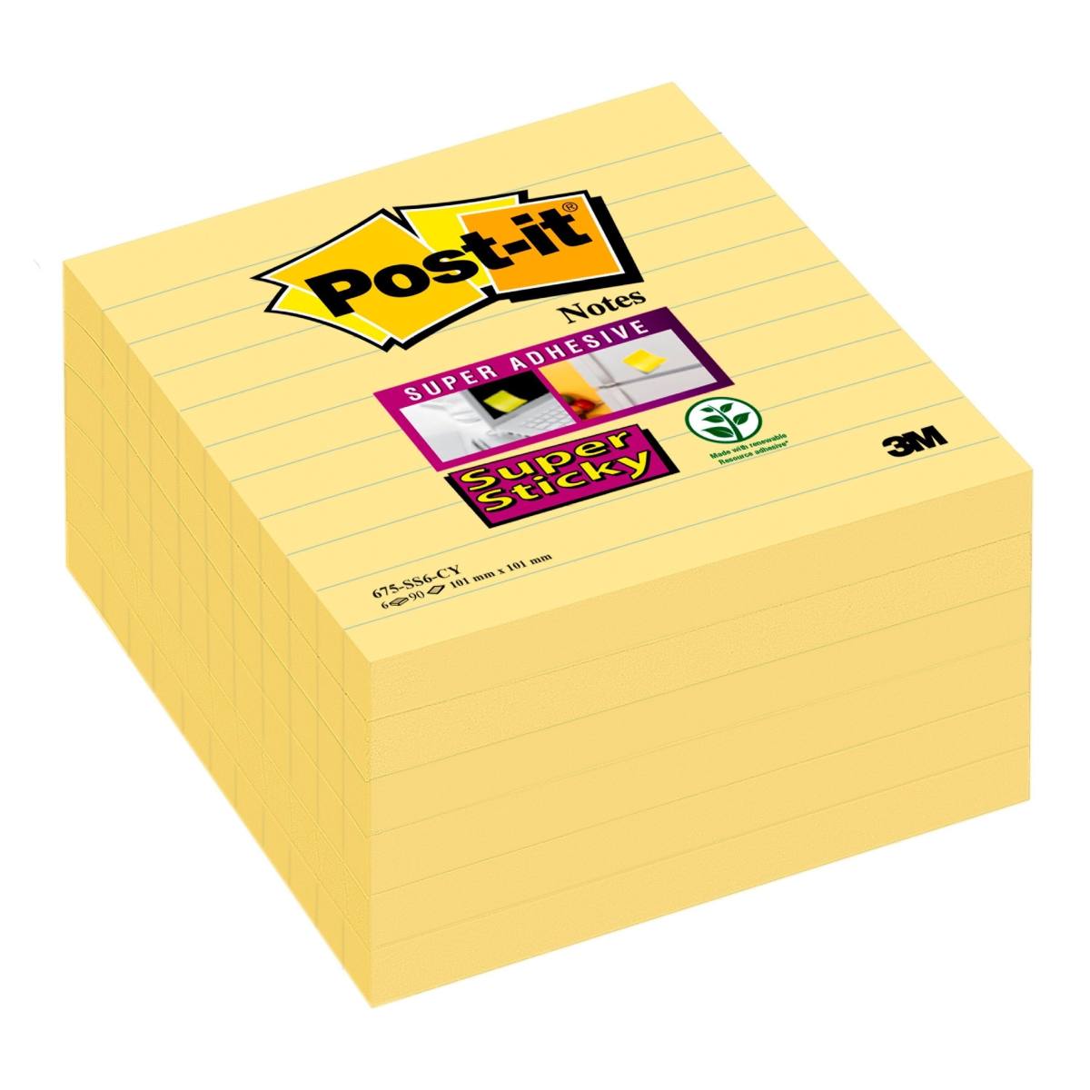 3M Post-it Super Sticky Notes 675-6SCY, 101 mm x 101 mm, jaune, 6 blocs de 90 feuilles