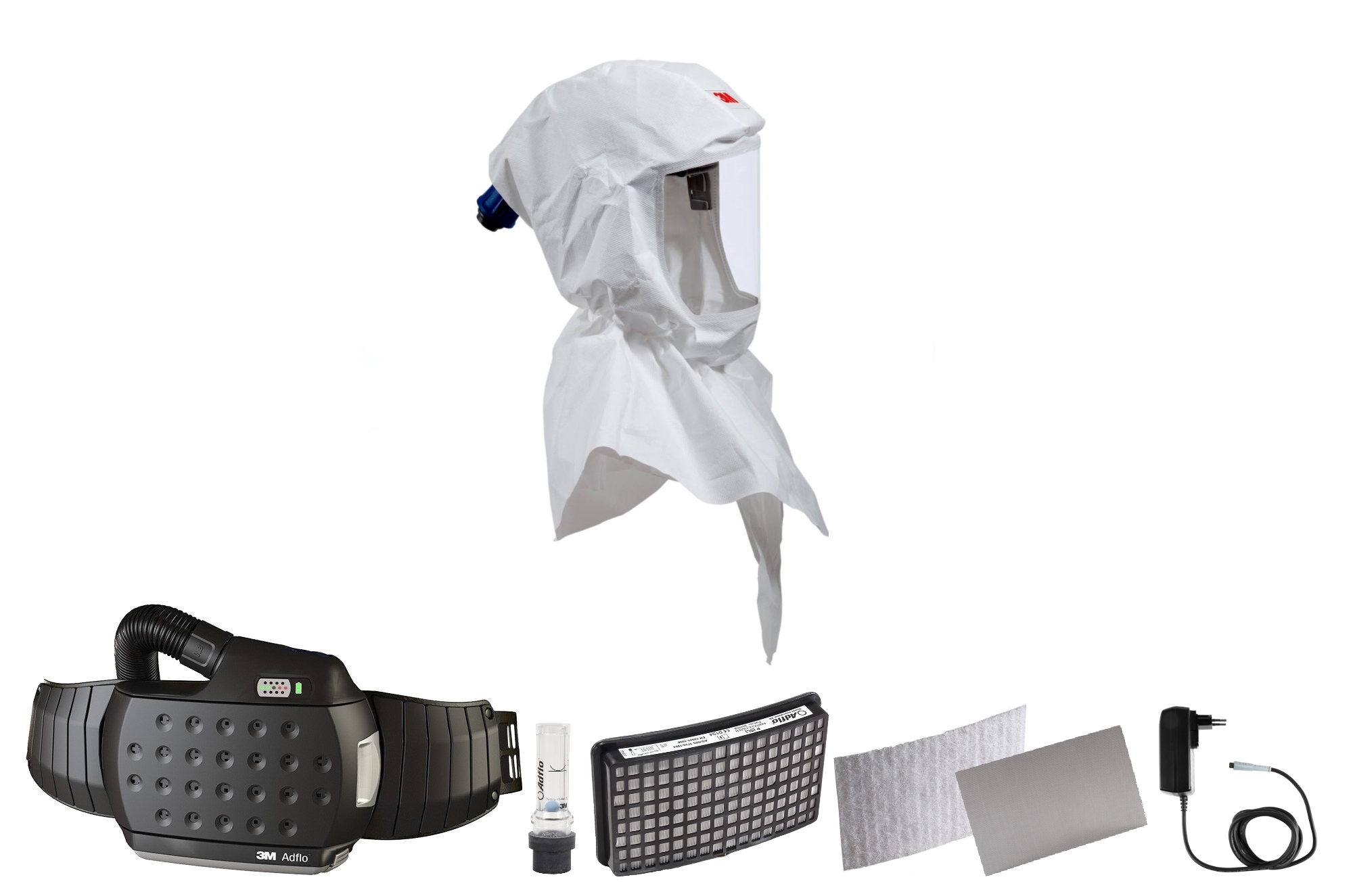 3M Speedglas Versaflo premium lightweight hood S757 starter pack, incl. head holder and inner bib with Adflo blower respirator with QRS air hose, adapter, air flow meter, pre-filter, spark arrester, particle filter, lithium-ion battery and charger