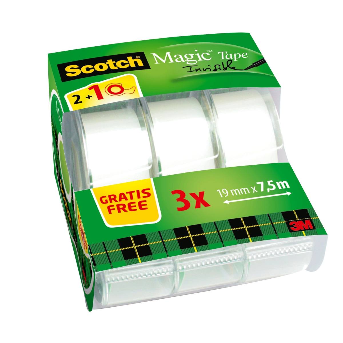3M Scotch Magic Tape Caddy Pack 2 rollen + 1 GRATIS 19 mm x 7,5 m + handdispenser