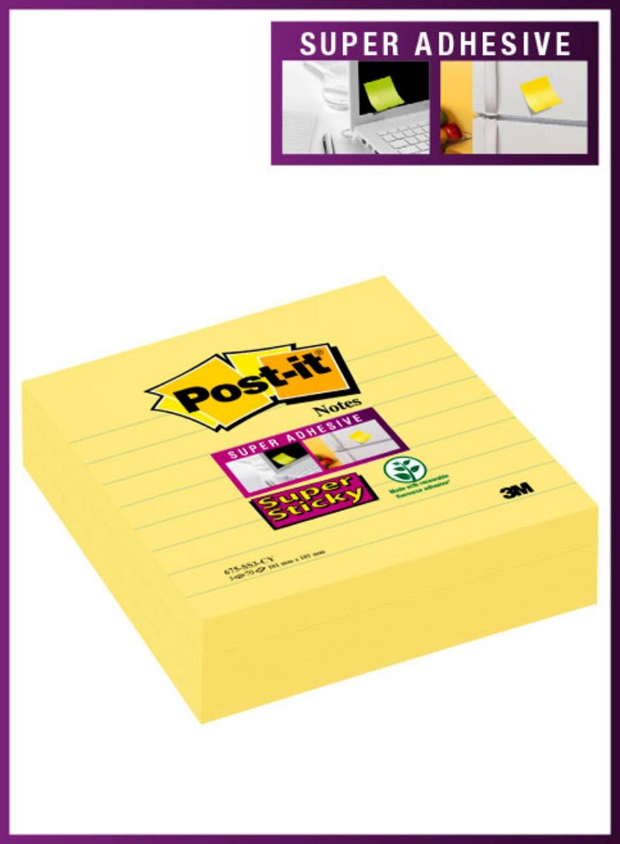 3M Post-it Super Sticky Notes 675-3SCY, 101 mm x 101 mm, amarillo, 3 blocs de 70 hojas cada uno