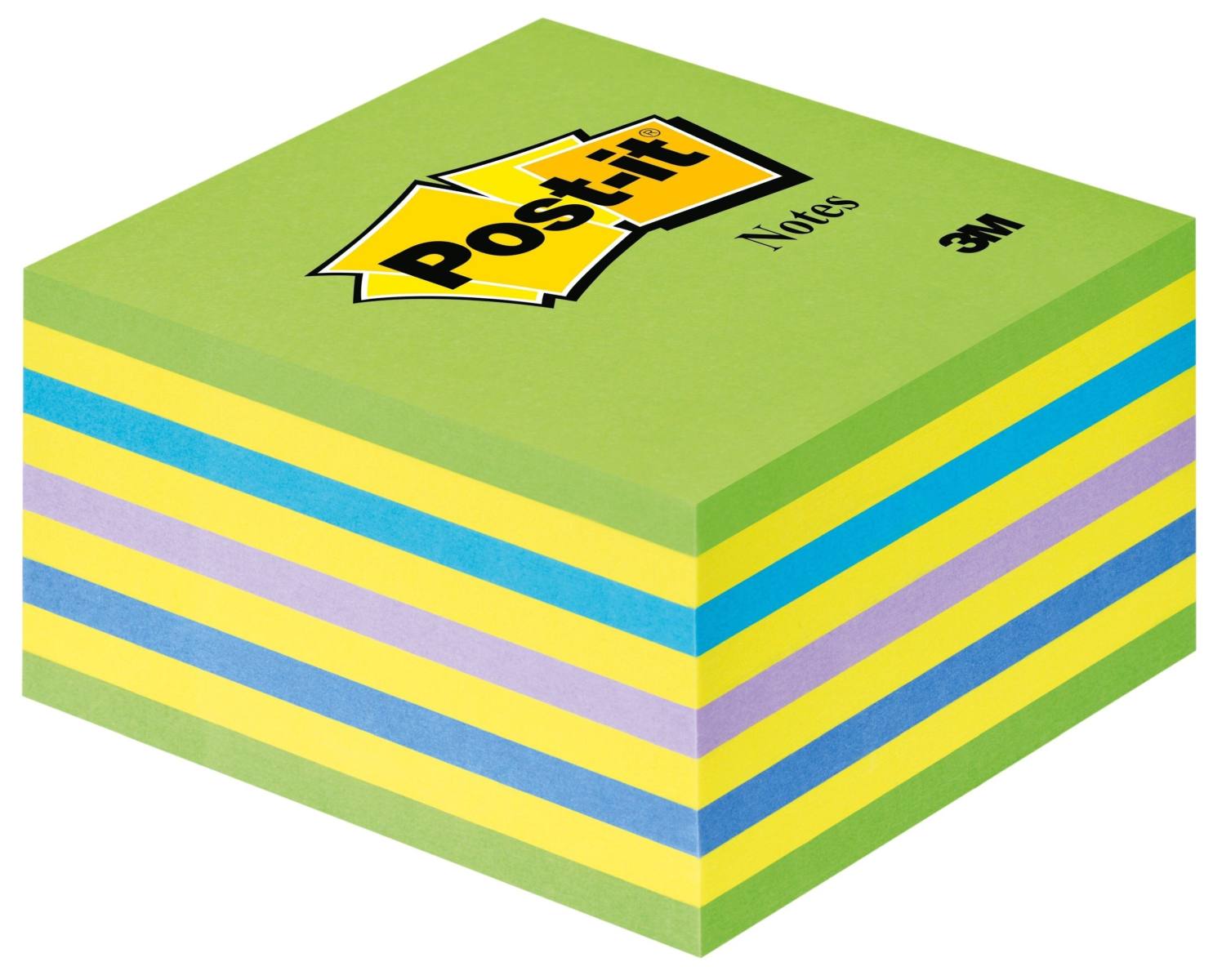 3M Post-it Cube 2028NB, 76 mm x 76 mm, yellow, neon blue, neon green, 1 cube of 450 sheets