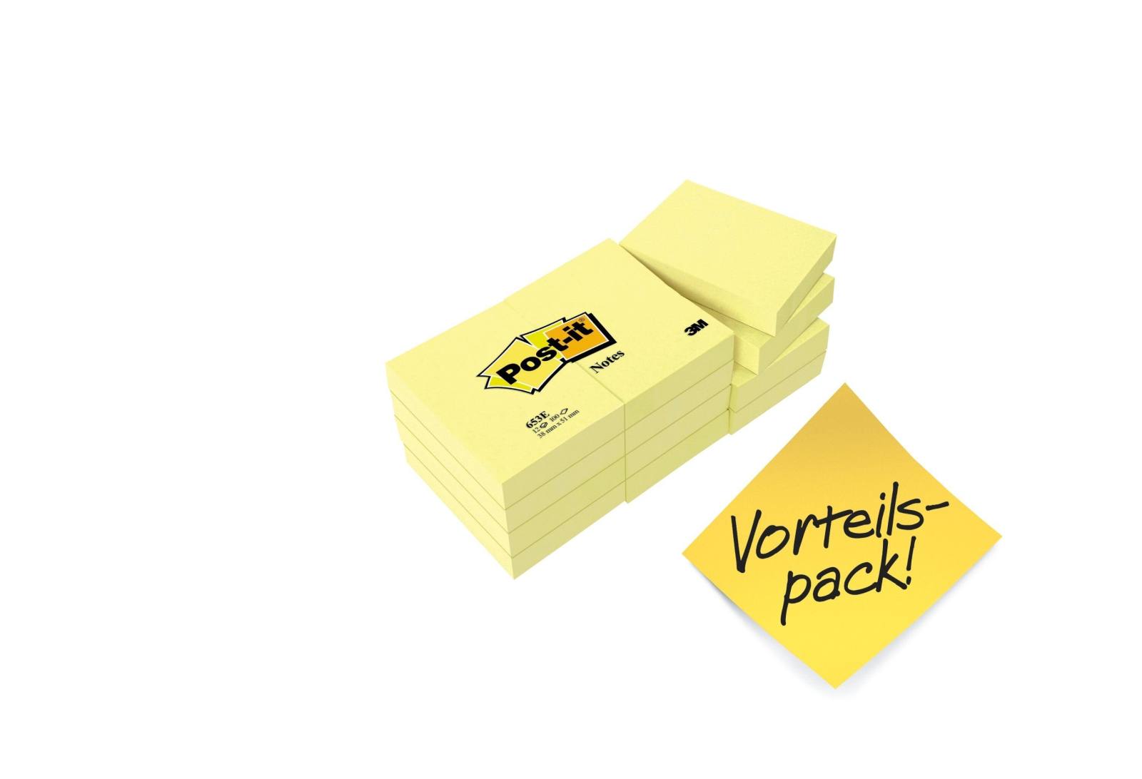 3M Post-it Notes 653Y12, 51 mm x 38 mm, yellow, 12 pads of 100 sheets each