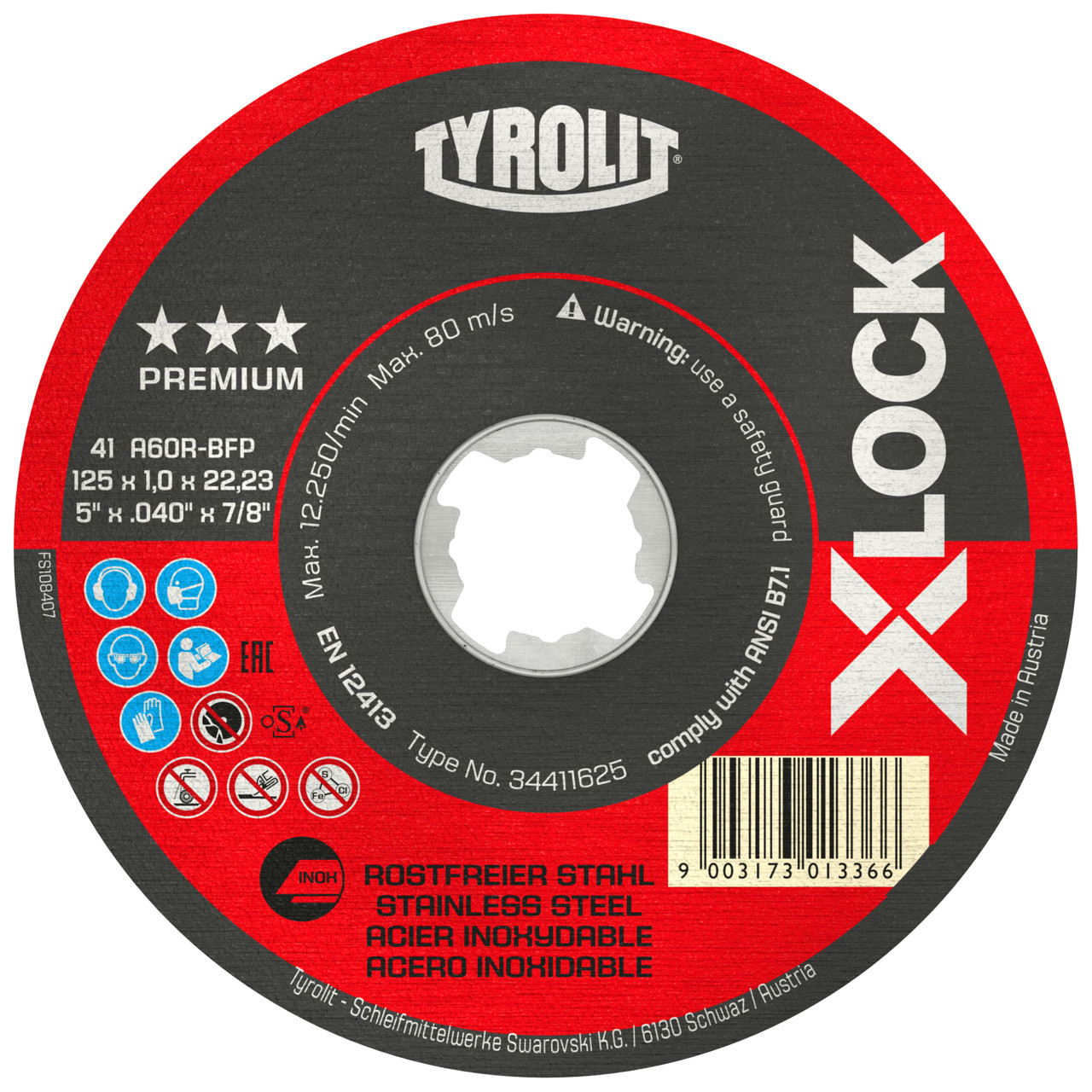 Tyrolit Cutting discs DxDxH 125x1.6x22.23 X-LOCK for stainless steel