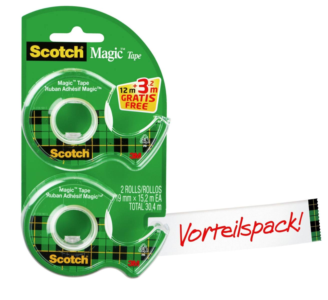 3M Scotch Magic hand dispenser Promotion 8-1915DP, 2 disposable hand dispensers incl. 2 rolls of Scotch Magic adhesive tape at a special price, dimensions: 19 mm x 12 m +3.2 m free of charge