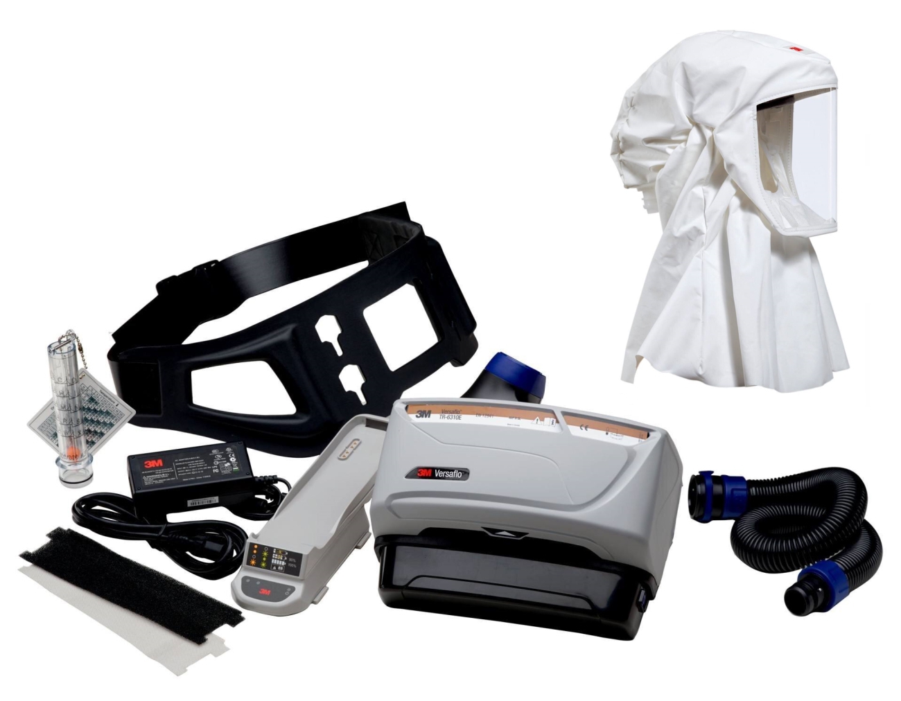 3M TR-619+ Versaflo starter pack incl. TR-602E, accessories and 3M Versaflo Disposable lightweight bonnet S533S with integrated head holder, white, robust, crackle-free and low-lint material, additional protection for neck and shoulder area, size S/M