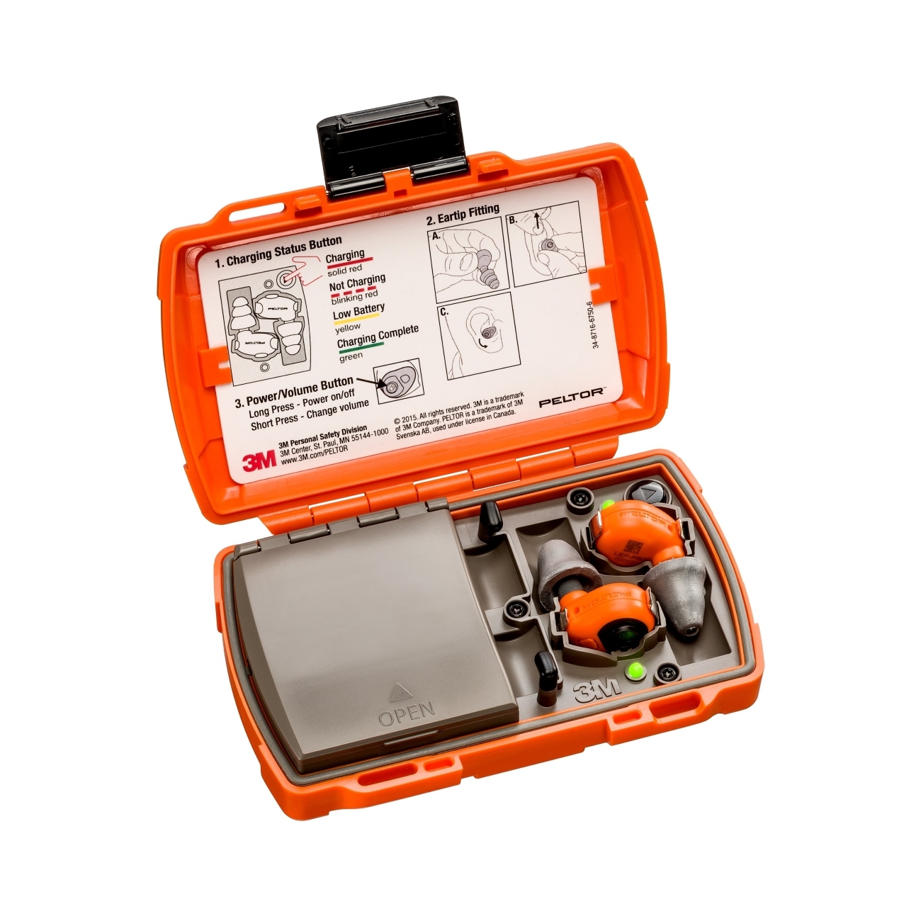 3M Peltor LEP-200 EU orange mit zusätzlicher Antenne für den schnurlosen Empfang von Audiosignalen, Set: Stöpsel und Ladestation (mit geschlossenem Deckel und USB-Anschlüssen) sind IP-54 eingestuft und wasserfest (30 Min. Eintauchen bis 1m Tiefe)