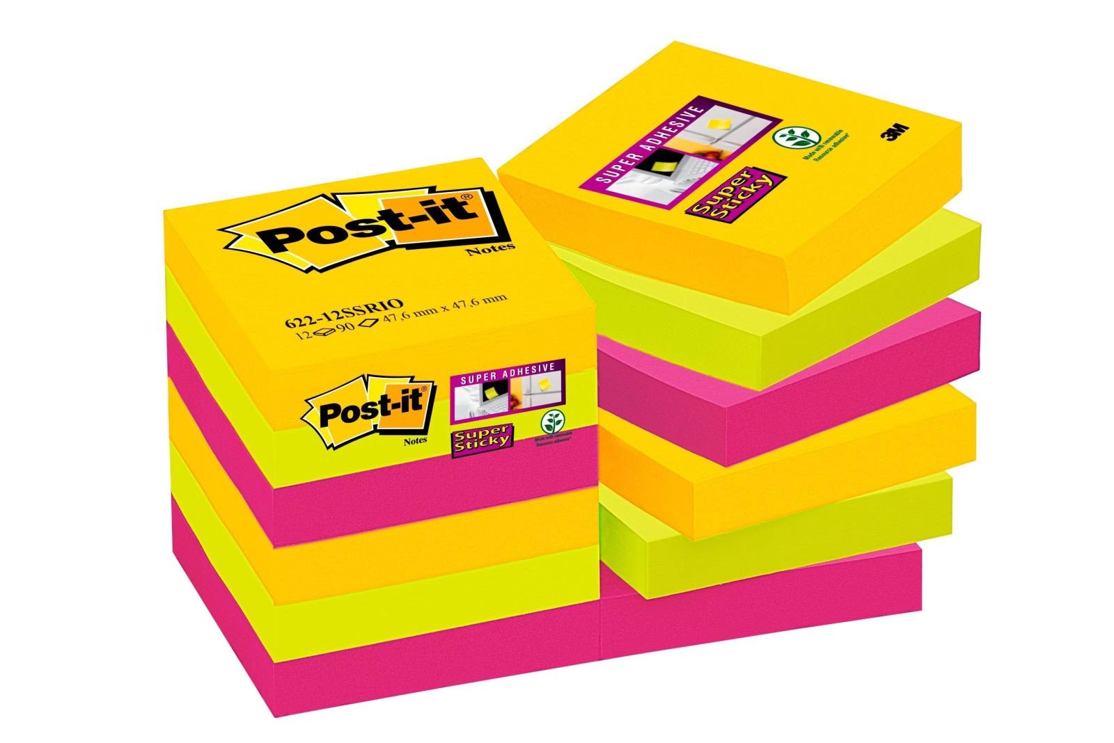 3M Post-it Super Sticky Notes 62212SR, 12 Blöcke à 90 Blatt, Rio de Janeiro Collection: ultragelb, -pink, neongrün, 48 mmx 48 mm, PEFC zertifiziert