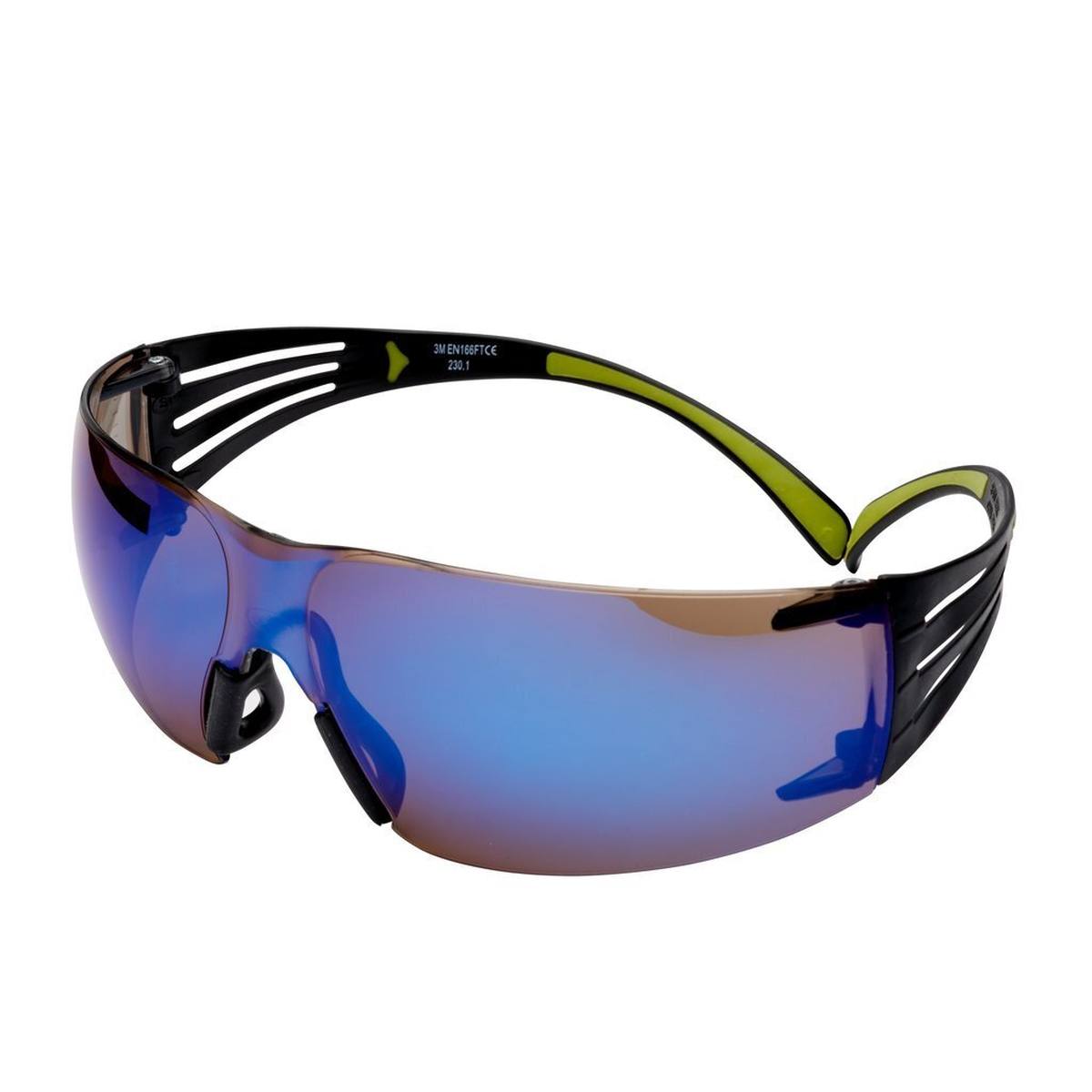 occhiali di sicurezza 3M SecureFit 400, aste nere/verdi, rivestimento antigraffio, lenti blu, specchiate, SF408AS-EU