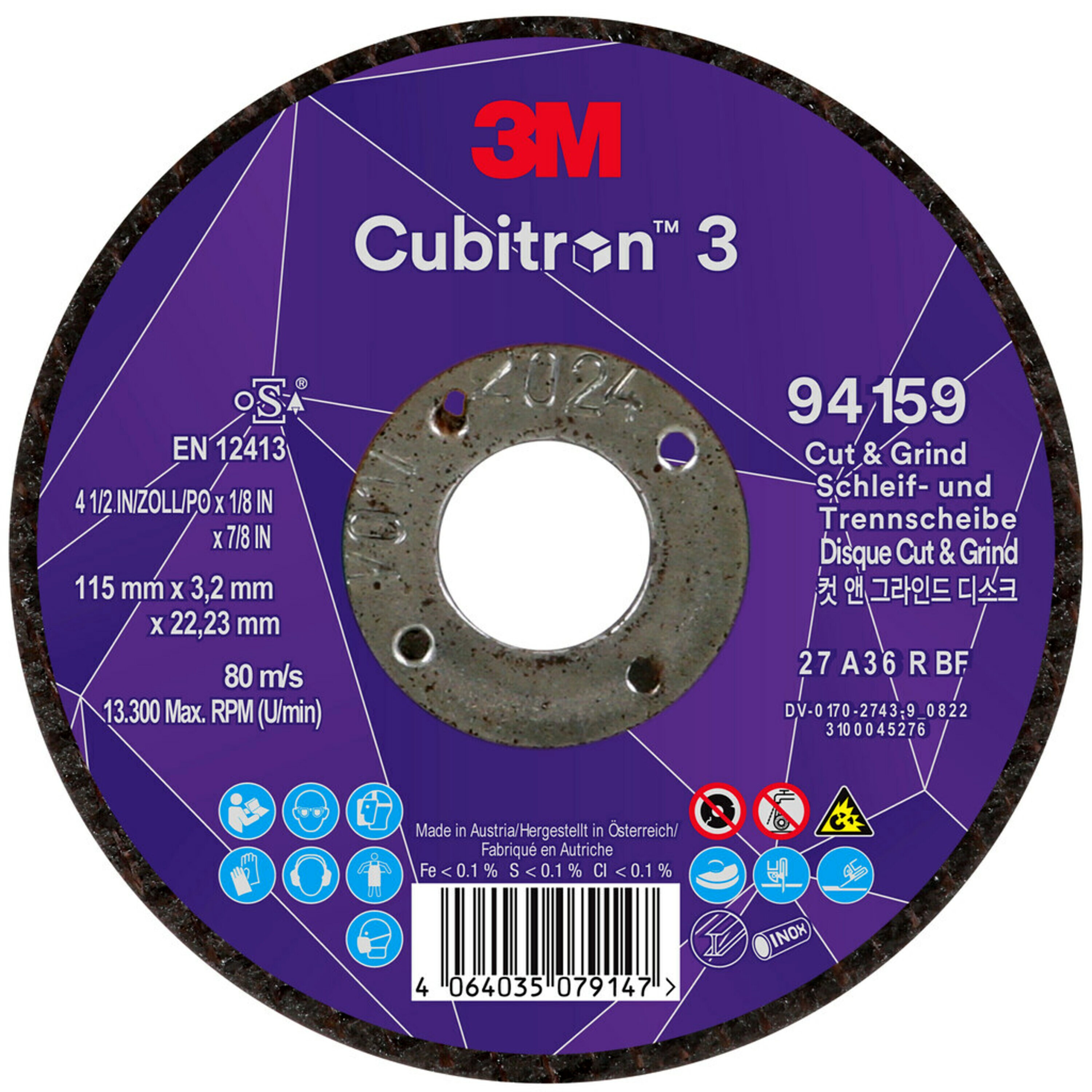 3M Cubitron 3 Cut & Grind Schruppscheibe, 115 mm, 3,2 mm, 22,23 mm, 36+, Typ 27 #94159