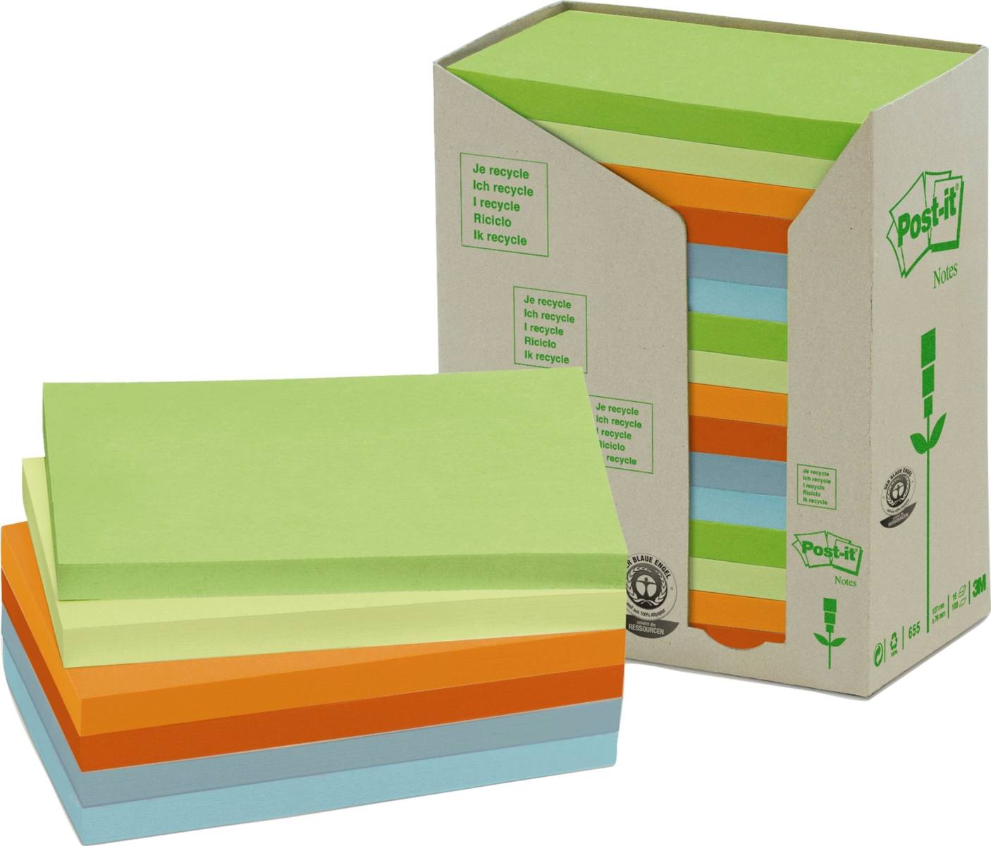 3M Post-it Recycling Notes 655-1RPT, 127 mm x 76 mm, verschillende kleuren, 16 blokken van elk 100 vellen