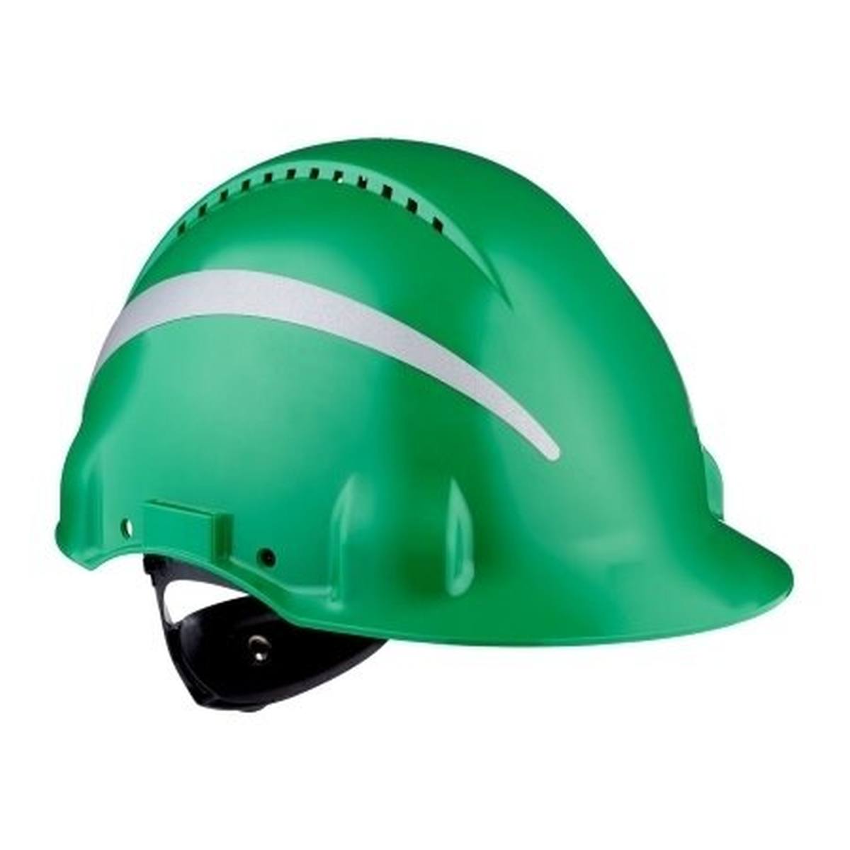 elmetto di sicurezza 3M G3000 con indicatore UV, verde, ABS, chiusura a cricchetto ventilata, fascia antisudore in plastica, adesivo riflettente