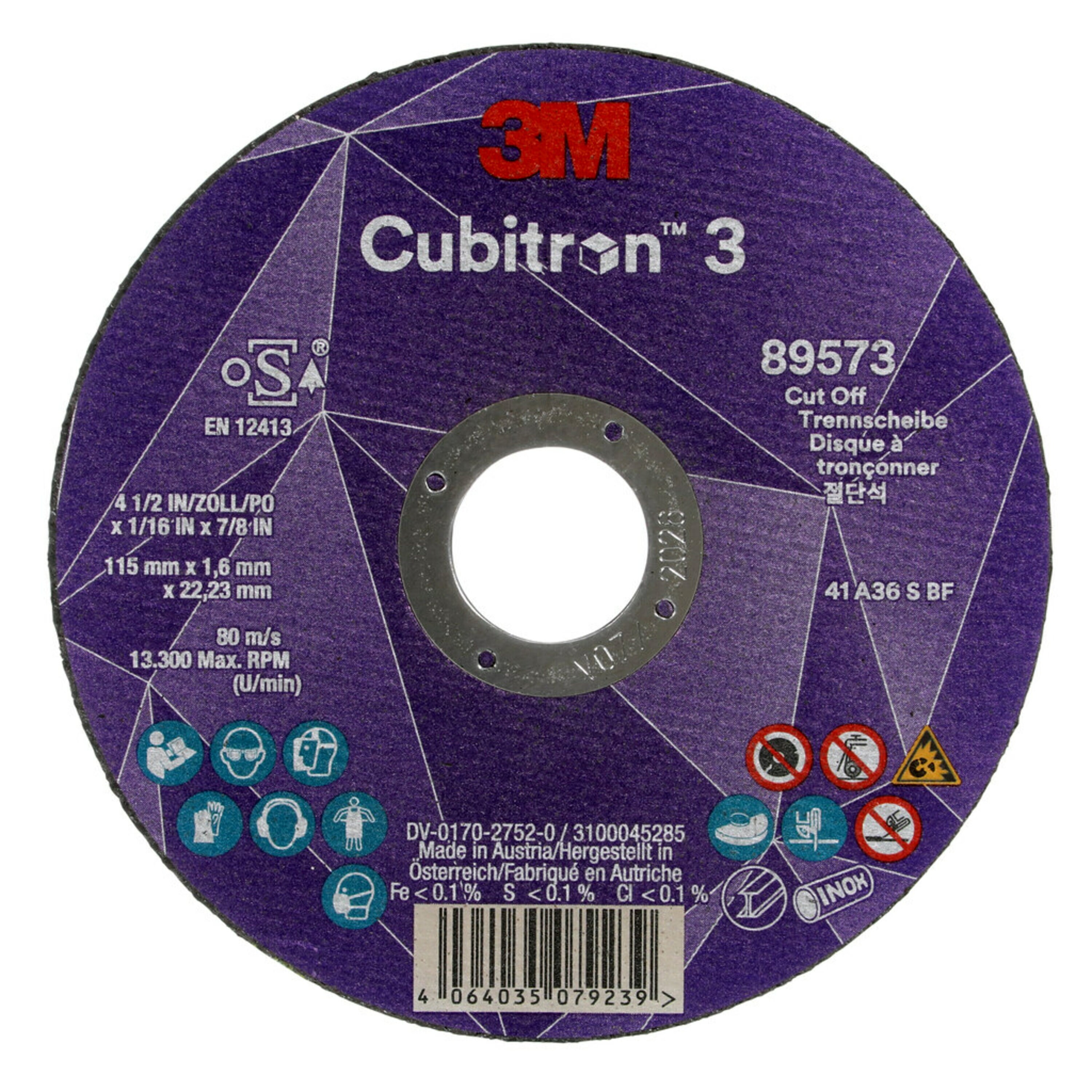 Disco da taglio 3M Cubitron 3, 115 mm, 1,6 mm, 22,23 mm, 36+, tipo 41 #89573