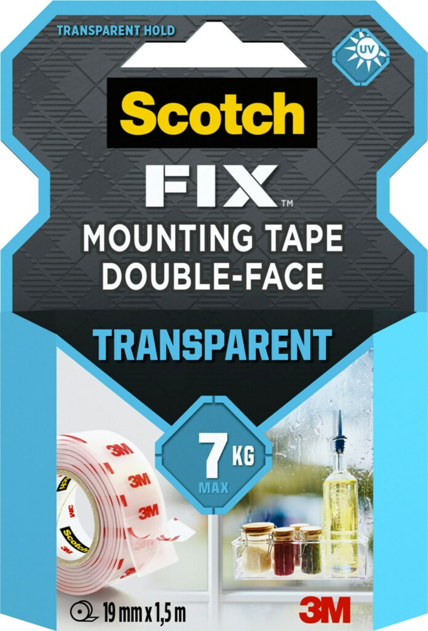 3M Scotch-Fix Ruban de montage transparent 4910C-1915-P, 19 mm x 1,5 m, Tient jusqu'à 7 kg, 1 kg/20 cm