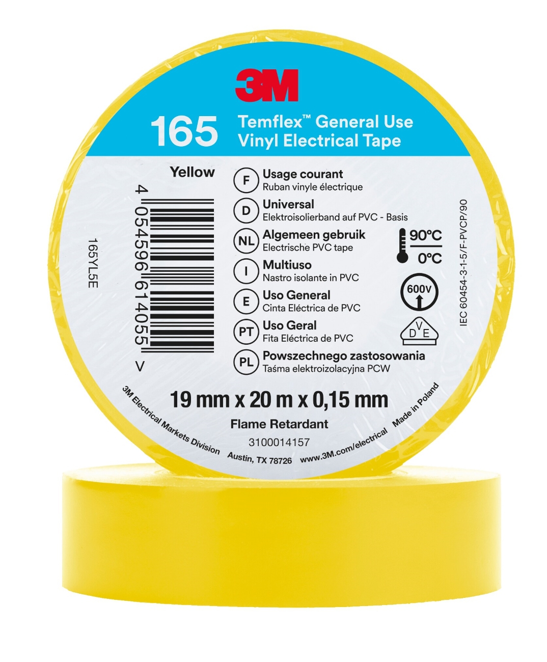3M Temflex 165 vinyl electrical insulating tape, yellow, 19 mm x 20 m, 0.15 mm