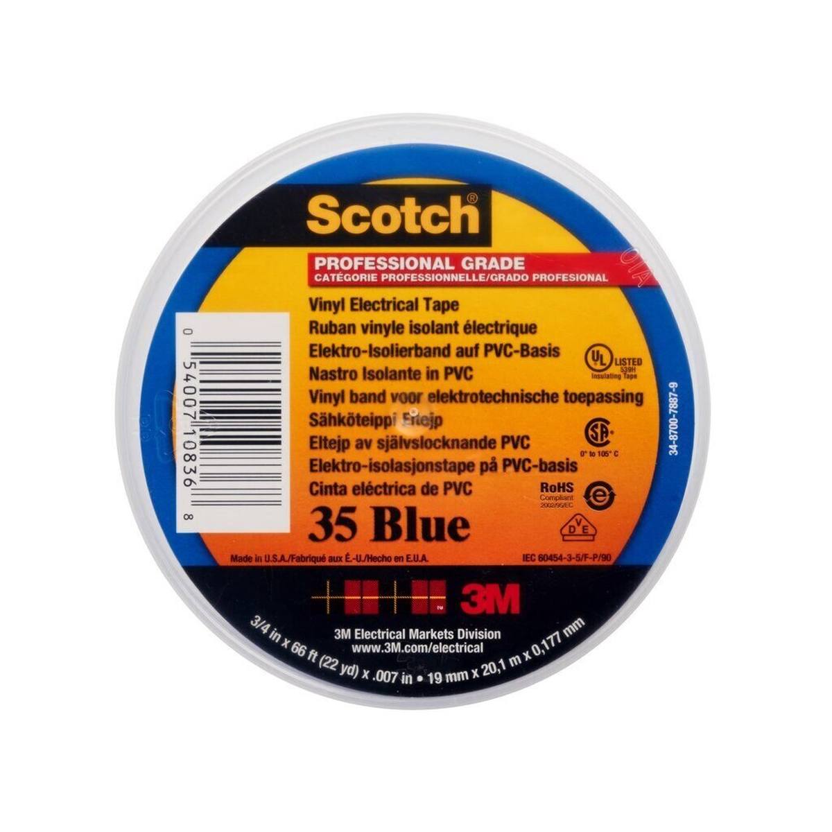 Cinta aislante eléctrica de vinilo 3M Scotch 35, azul, 19 mm x 20 m, 0,18 mm