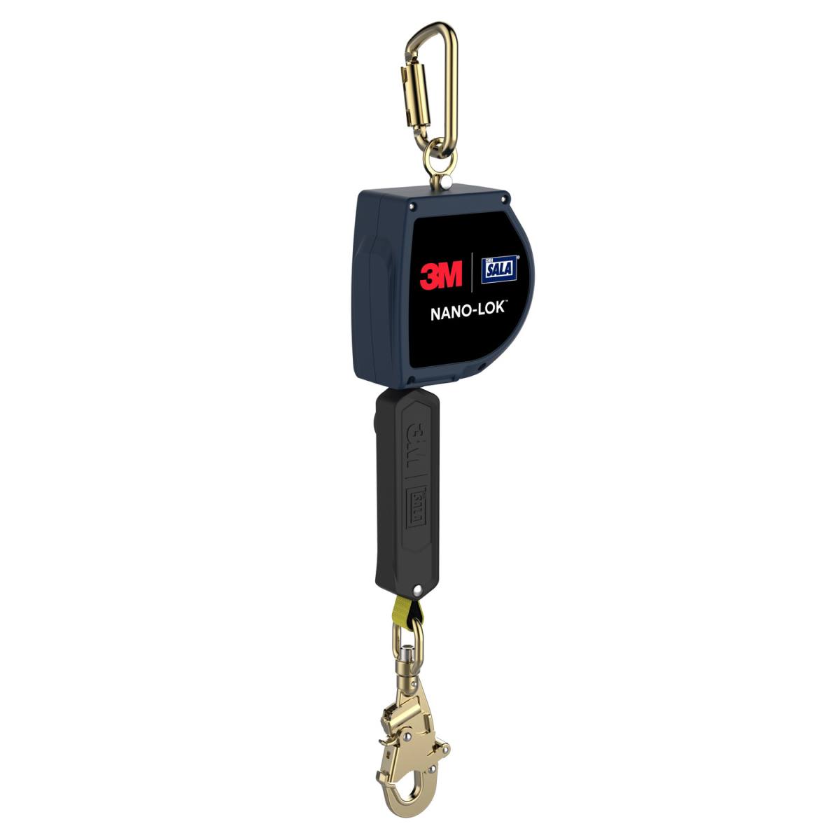  3M DBI-SALA Nano-Lok, webbing length: 6.0 m, 1 x steel twistlock carabiner opening width 18 mm on the housing, 1 x steel one-hand carabiner opening width 19 mm on the webbing, 140 kg user weight, 3M Connected Safety-ready RFID tag for inspection, 6.0 m