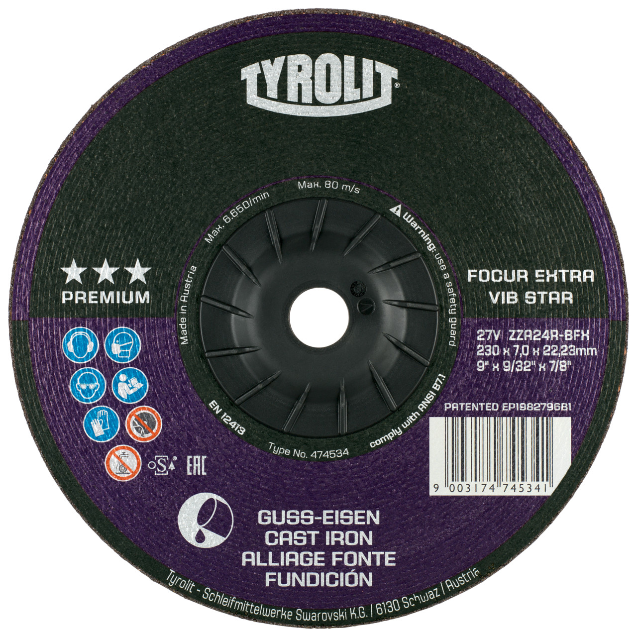 TYROLIT disco de desbaste DxUxH 230x7x22,23 FOCUR Extra Vibstar para fundición gris, forma: 27 - versión offset, Art. 474535