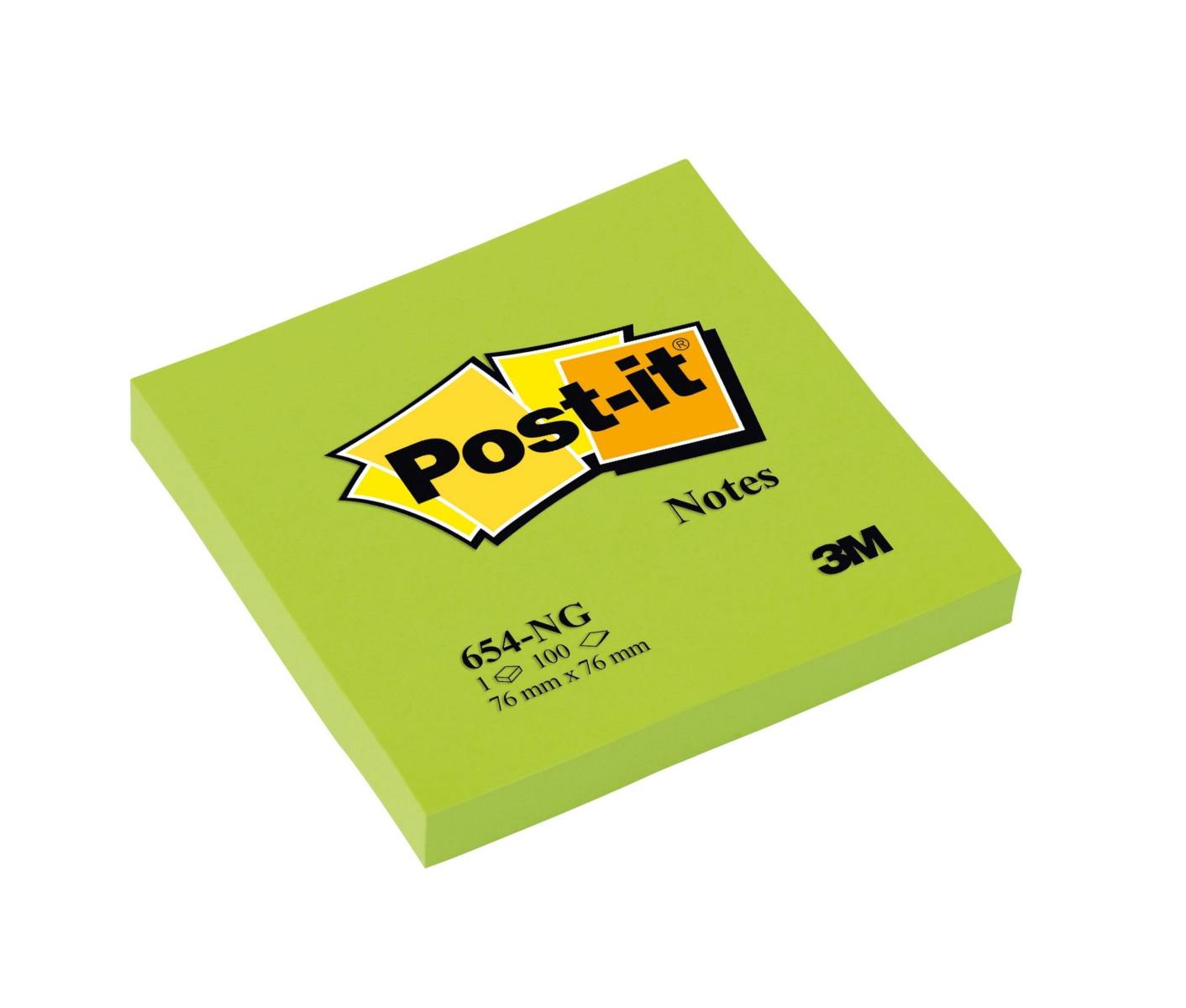 3M Post-it Notes 654NGR, 76 mm x 76 mm, neongrün, 1 Block à 100 Blatt