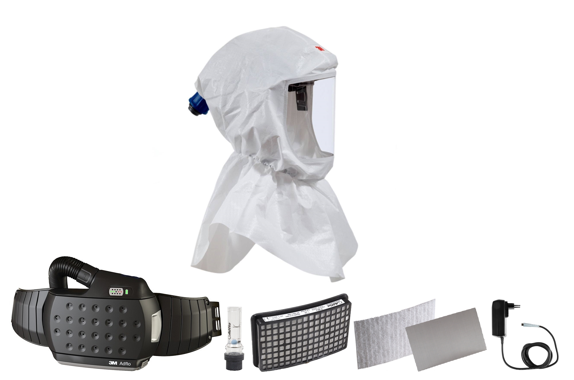 3M Speedglas Versaflo premium lightweight hood S655 starter pack, incl. head holder neck seal with Adflo blower respirator with QRS air hose, adapter, air flow meter, pre-filter, spark arrester, particle filter, lithium-ion battery and charger