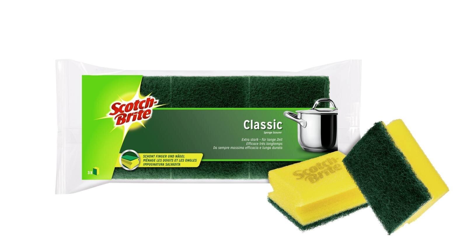 3M Scotch-Brite Classic Topfreiniger CLNS3, Extra kraftvolle Vliesseite, saugstarke Schwammseite, nagelschonende Griffleiste, Farbe: gelb/grün, 3er Pack