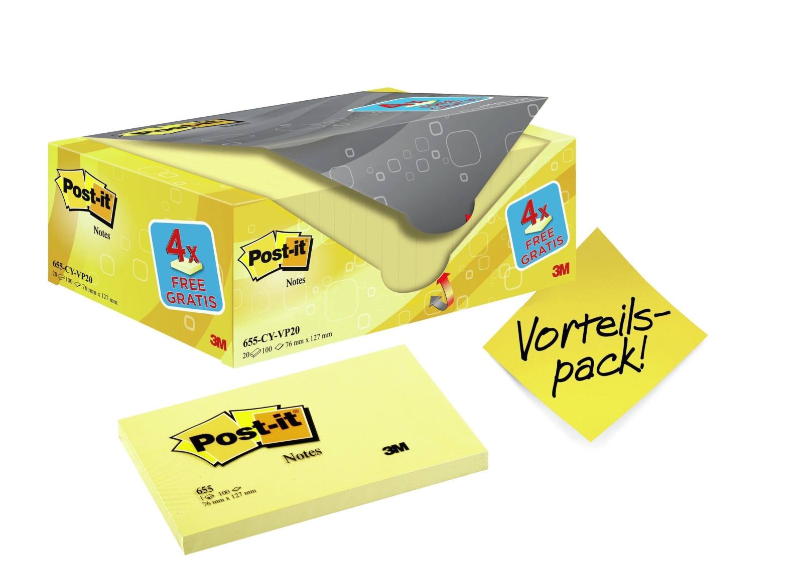 3M Post-it Notes Promotion 655Y-20, 20 Blöcke à 100 Blatt im Karton zum Vorteilspreis, gelb, 127 mm x 76 mm