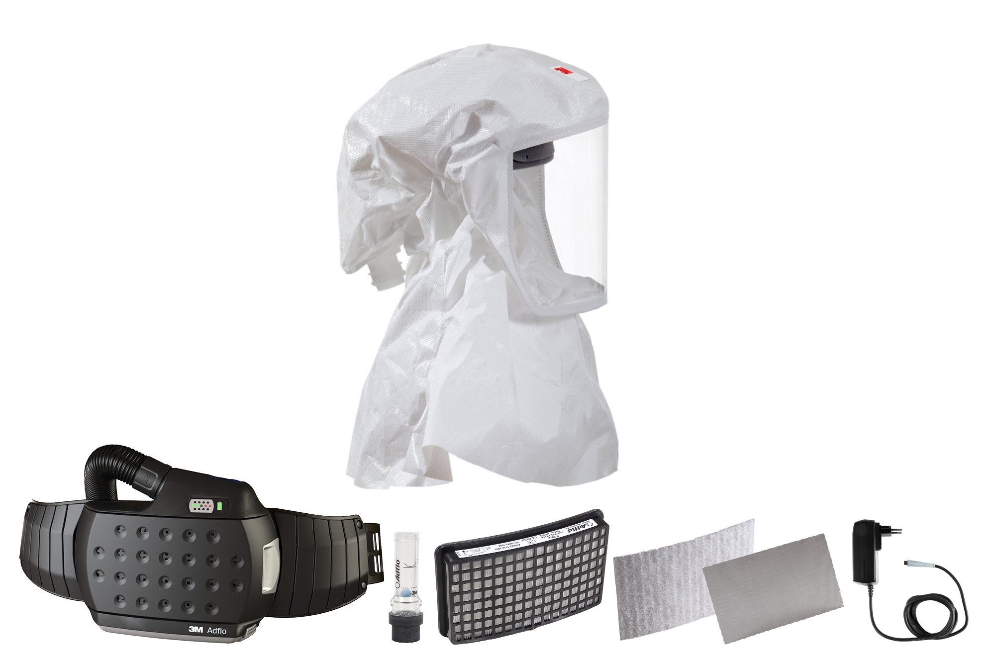 3M Speedglas Versaflo disposable lightweight hood S433L, protection for neck and shoulder, size M/L with Adflo blower respirator with QRS air hose, adapter, air flow meter, pre-filter, spark arrester, particle filter, lithium-ion battery and charger