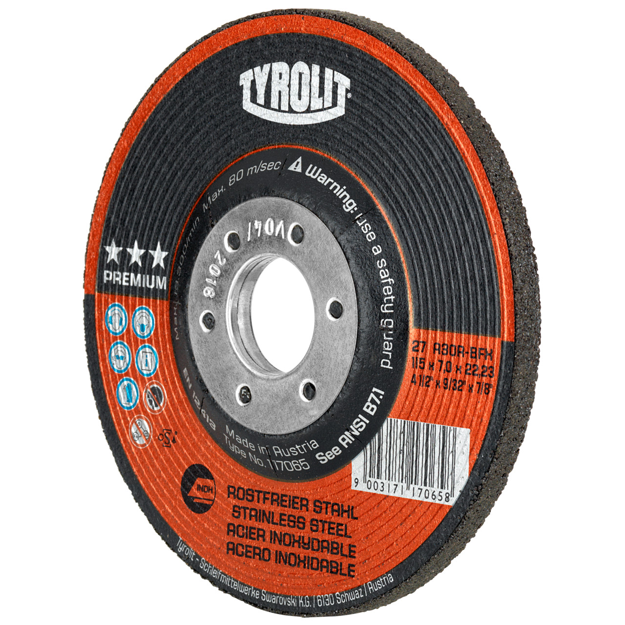 TYROLIT grinding wheel DxUxH 115x4x22.23 For stainless steel, shape: 27 - offset version, Art. 117064