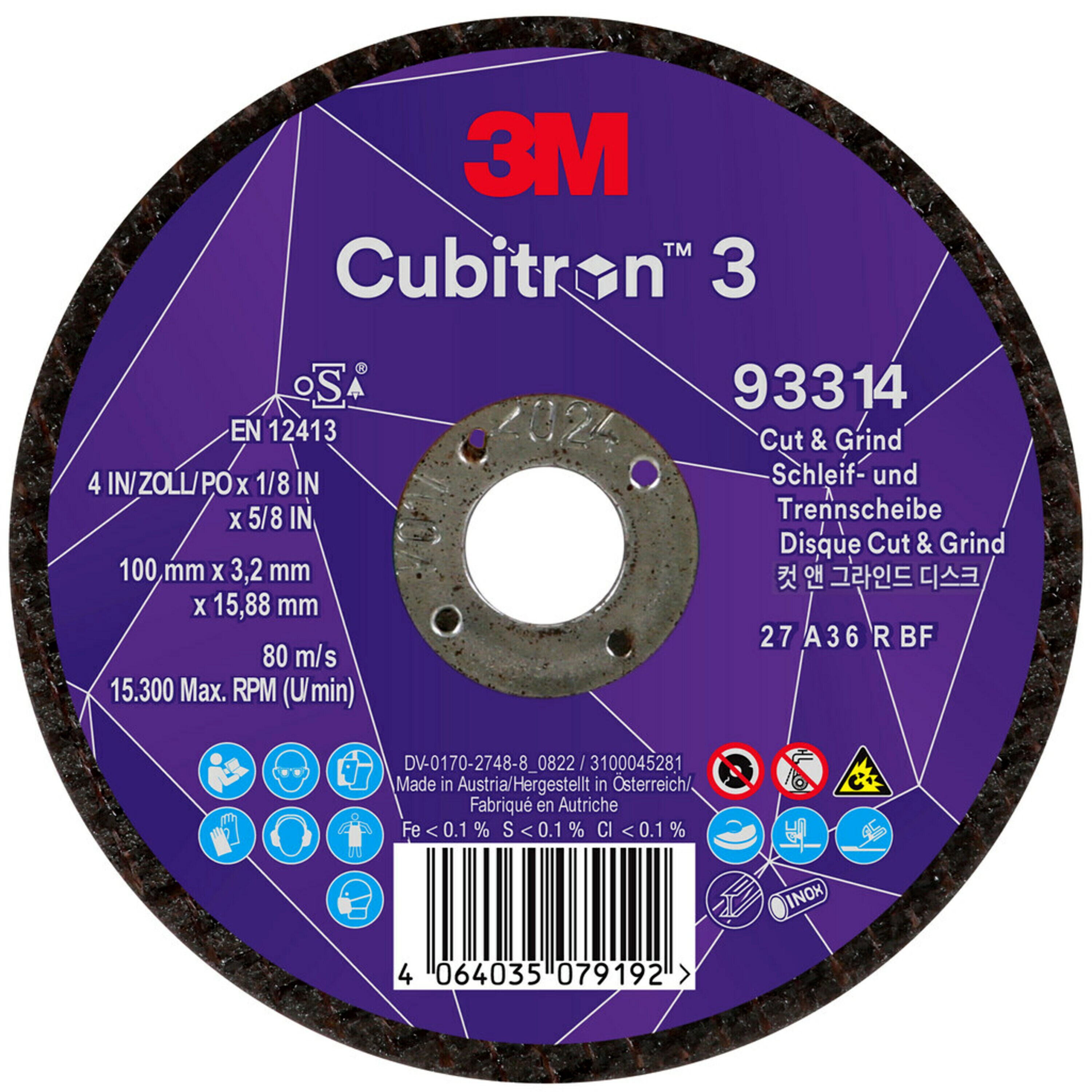 3M Cubitron 3 Cut & Grind Schruppscheibe, 100 mm, 3,2 mm, 15,88 mm, 36+, Typ 27 #93314