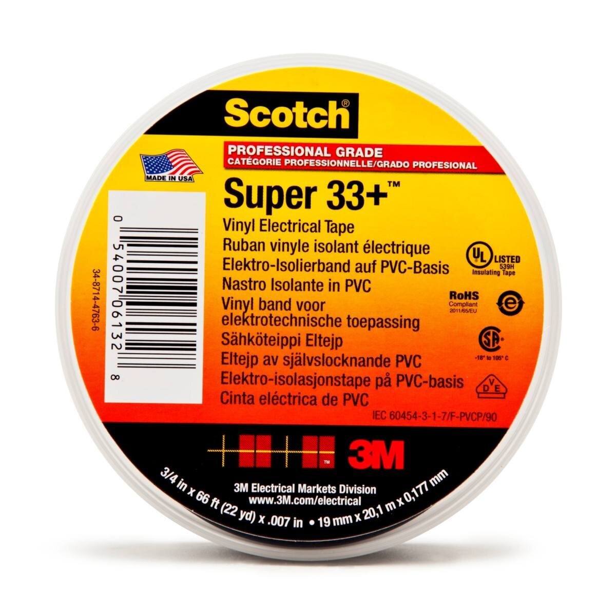 3M Cinta aislante eléctrica de vinilo Scotch Super 33+, negra, 50 mm x 33 m, 0,18 mm